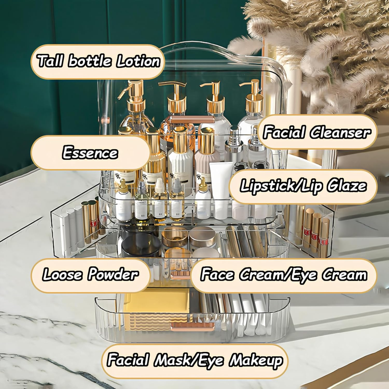 Makeup Organizer, Cosmetics Organizer Box with Double-Layer Drawers, Double-Sided Flap Design, Cosmetics Storage Display Case for Countertop, Dresser, Bedroom, Bathroom image number 1