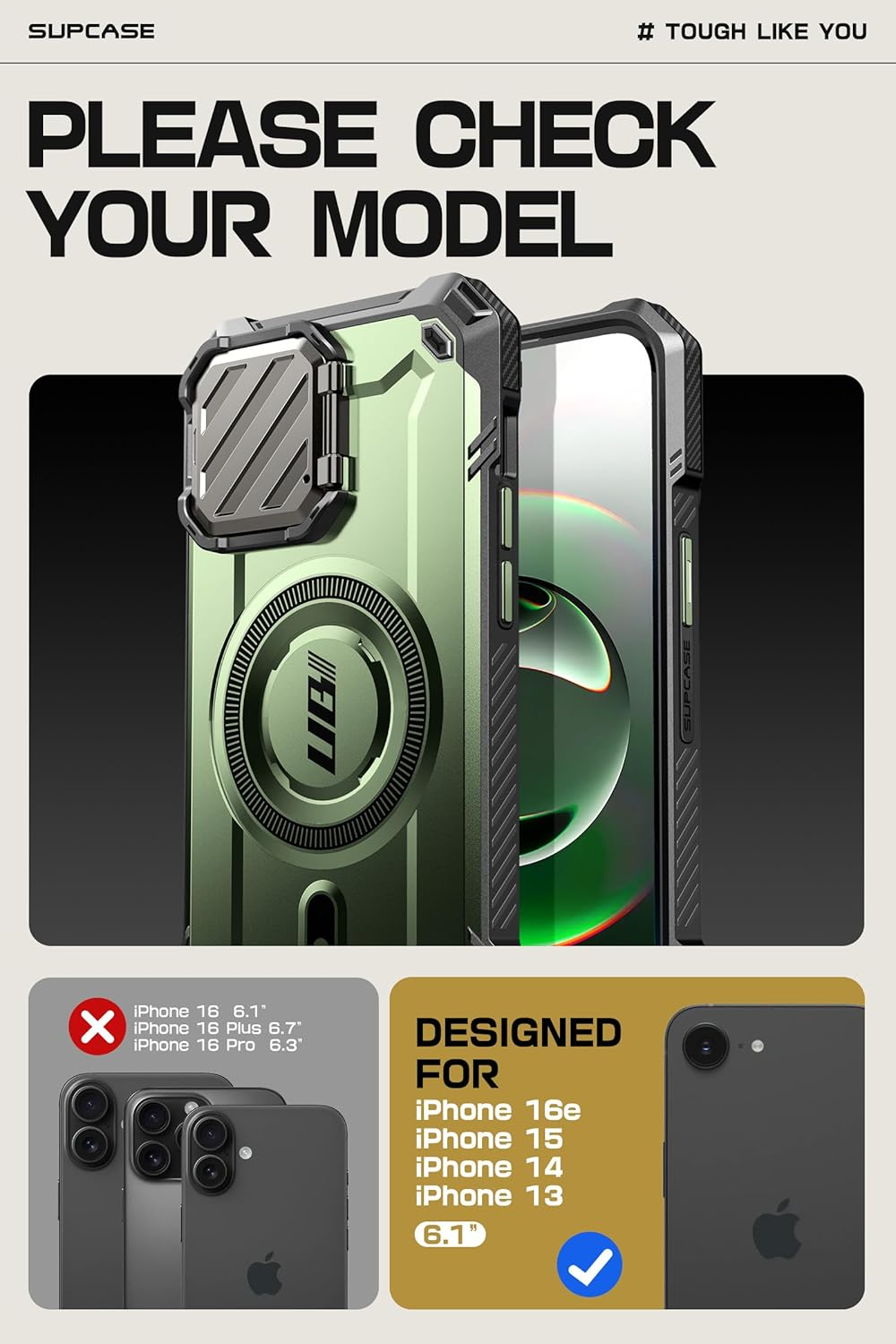 SUPCASE for Iphone 16E/15/14/13 Case with Camera Cover Stand (Ubmag XT), [Compatible with Magsafe] [Built-In Kickstand] [Military-Grade Protection] Heavy Duty Case for Iphone 16E 6.1", (Guldan) image number 5