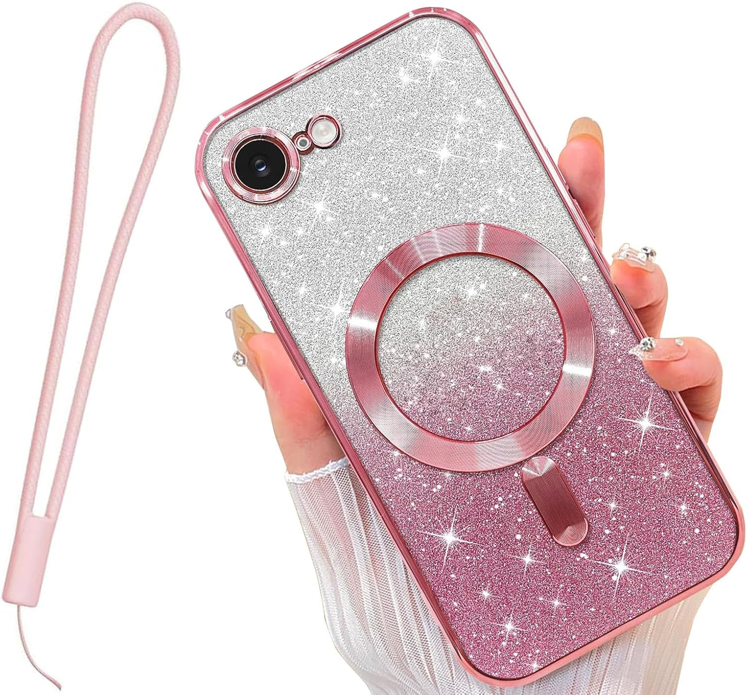 For Iphone 16E Case Clear Magnetic Glitter Phone Cases [Compatible with Magsafe] Protector Slim Sparkle Luxury Plating Shockproof Protective Cover Women (Pink, Iphone 16E)