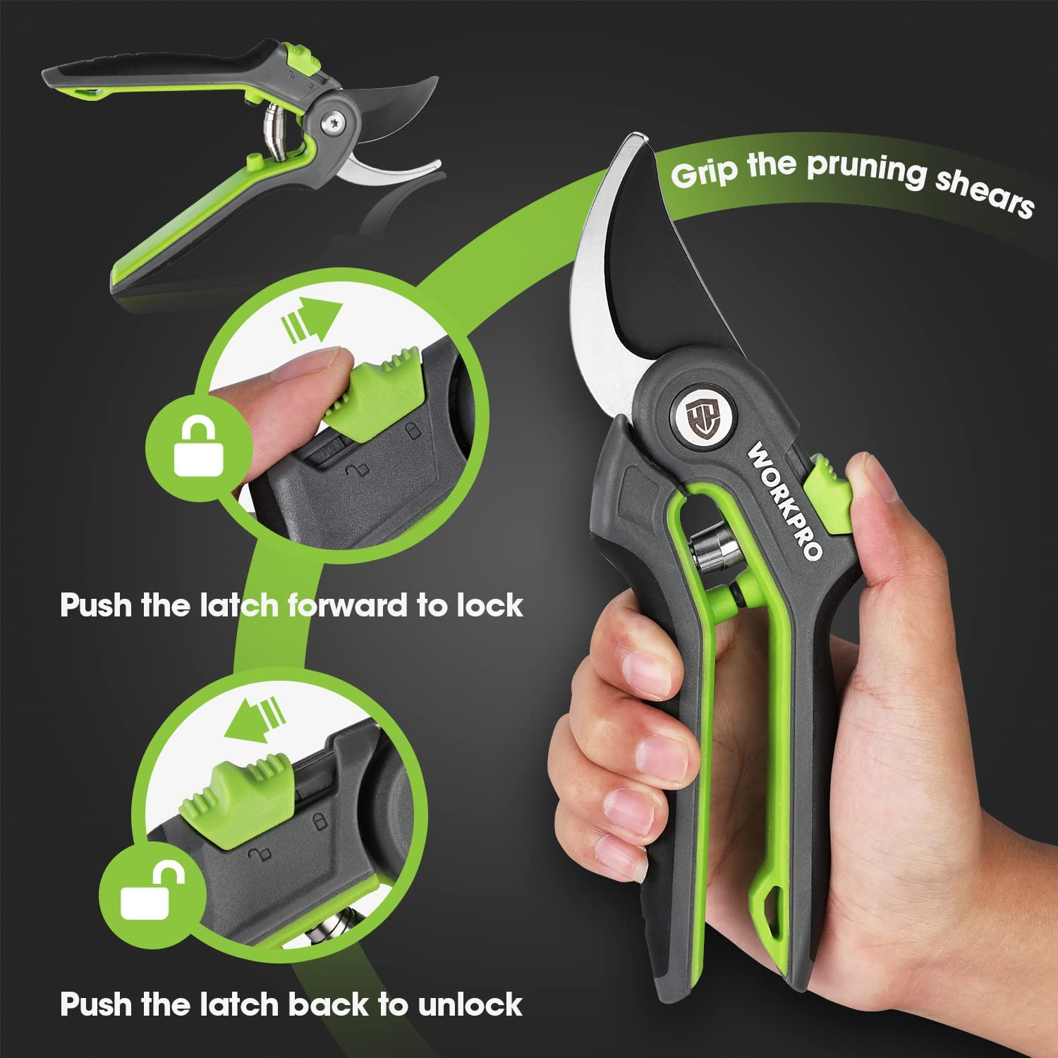 WORKPRO Bypass Pruning Shears, Stainless Steel Gardening Hand Pruner, Professional Garden Trimming Scissors with Sharp SK5 Steel Blades, Ideal Garden Tool,Green 203Mm Length image number 4