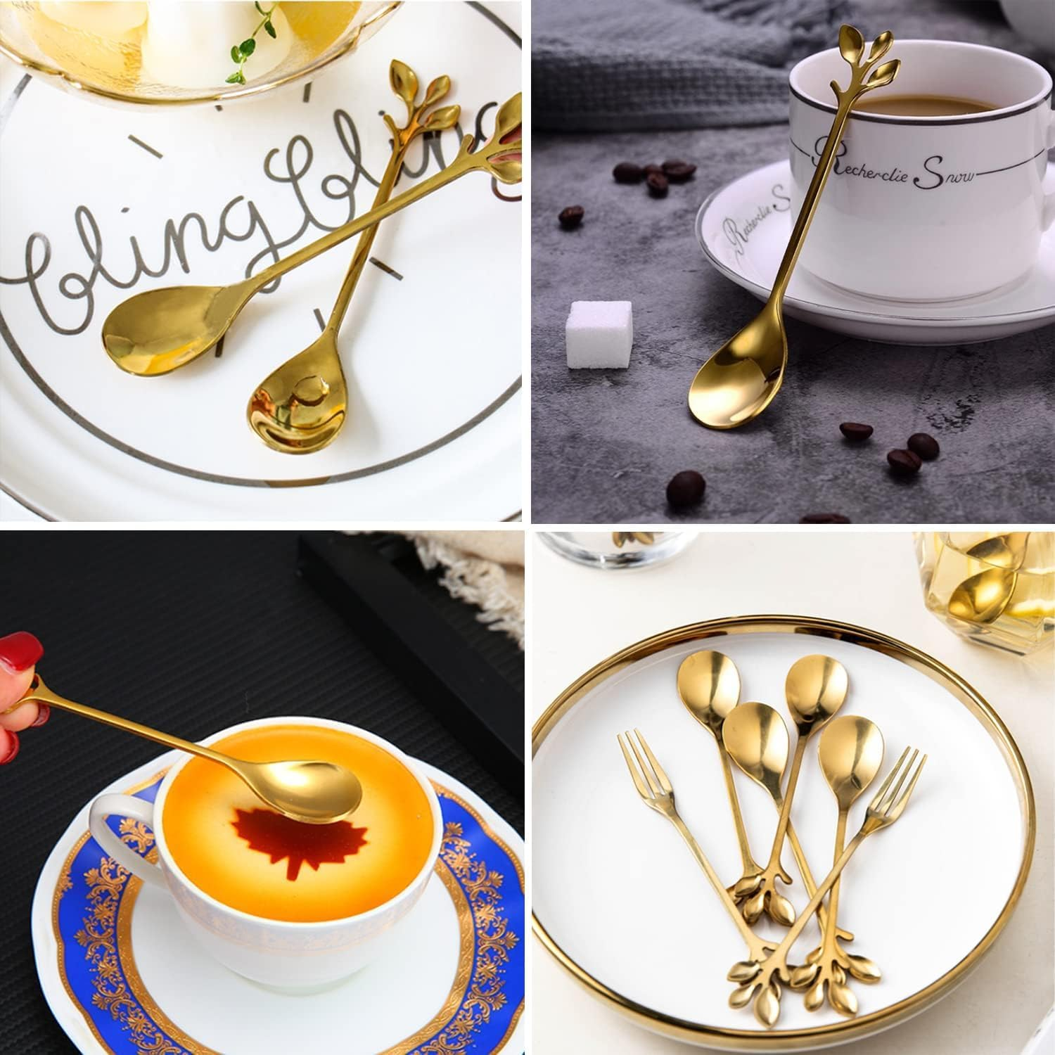 12Pcs Gold Leaf Coffee Spoon, Betterjonny Spoons and Fork Fruit Forks Stainless Steel Mini Creative Tableware for Sugar Cake Ice Cream Tea Stirring Tea image number 3