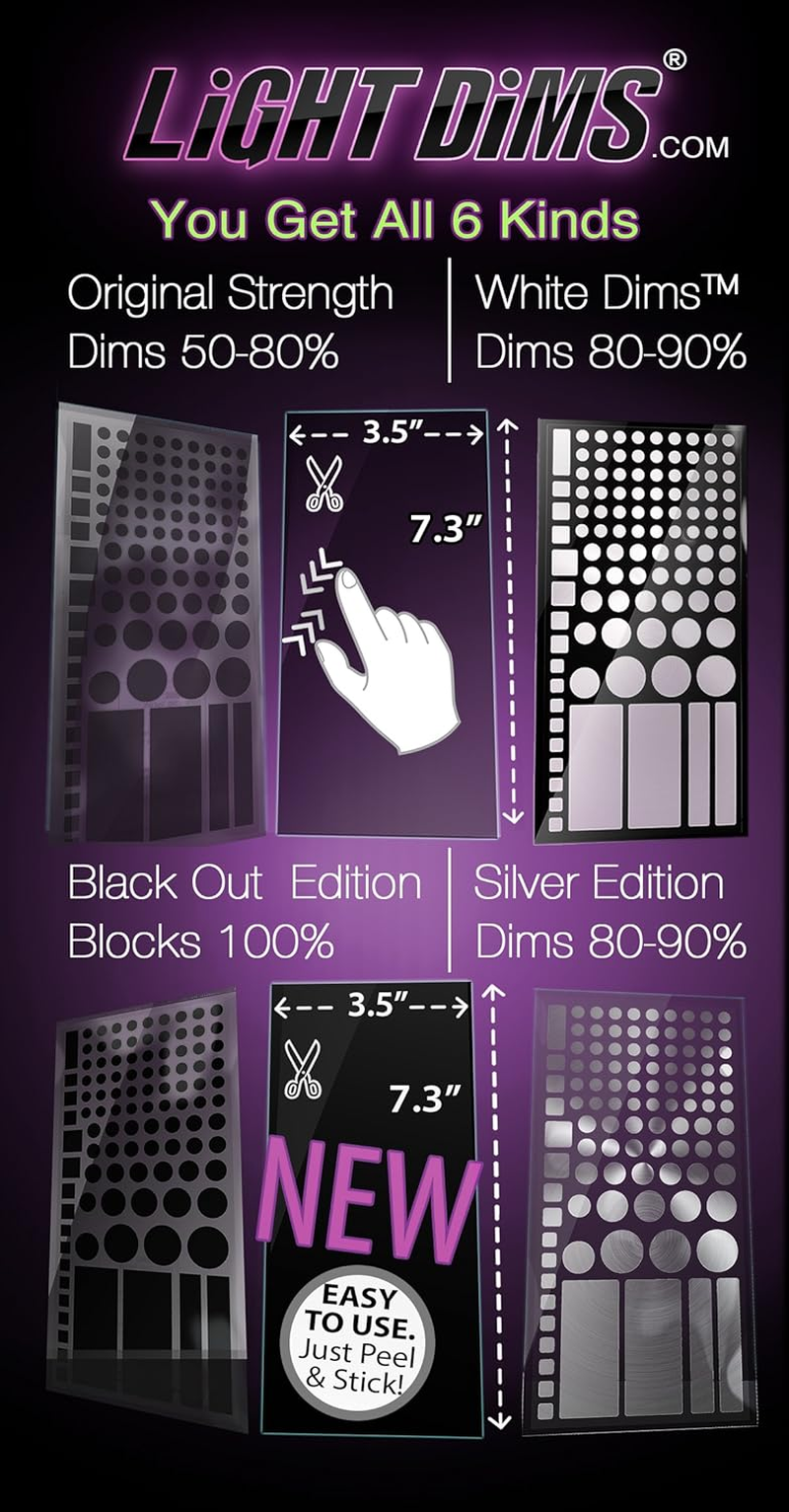 Lightdims Get All 6 Kinds. Every Kind of Light Dimming Sheet We Make. Original Strength, Black Out Edition, Silver Edition, White, Customizable Original Strength, & Customizable Black Out Edition image number 1