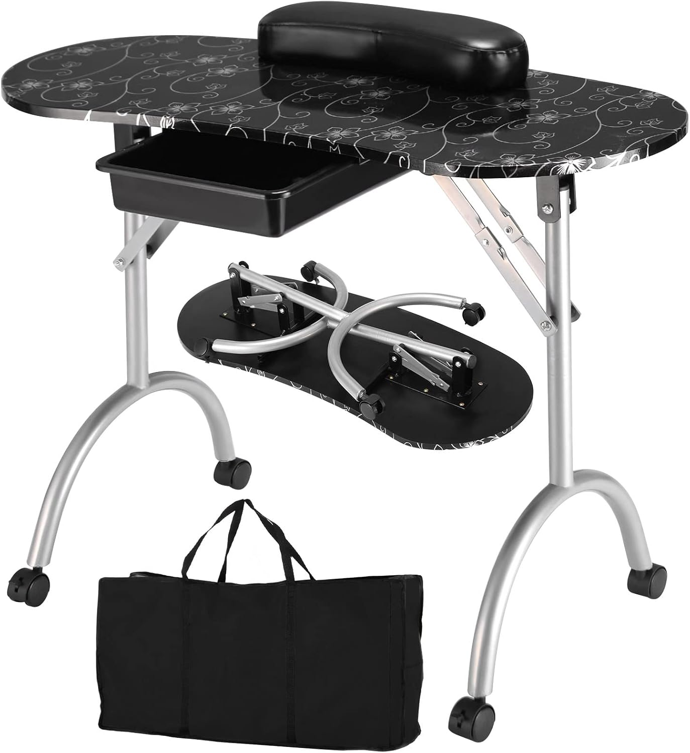 Costway Folding Manicure Nail Table with Electric Dust Collector, Portable Nail Table with Bendable LED Table Lamp, Removable Wrist Pad, Carrying Bag, 4 Lockable Wheels, Spa Salon Workstation