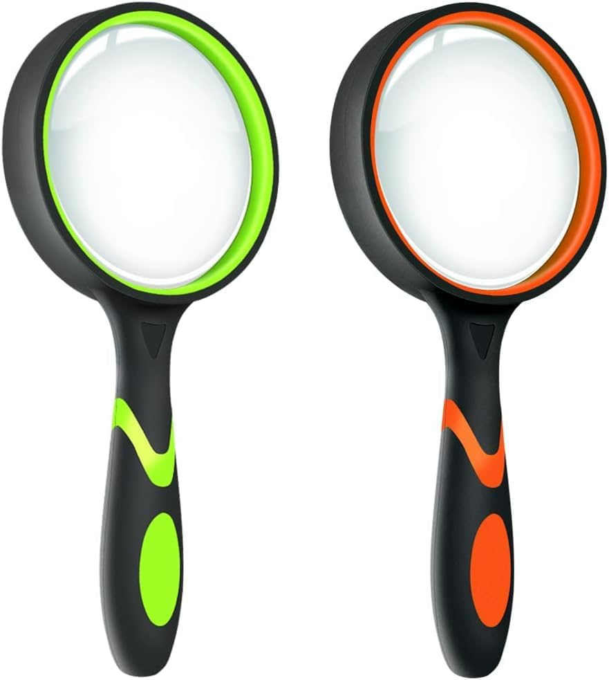 2 Pack 10X Magnifying Glass for Seniors & Kids, Non-Slip Handheld Magnifier for Reading, 75Mm Magnify Glasses Lens for Close Work, Science and Hobby Observation（Green and Orange image number 6