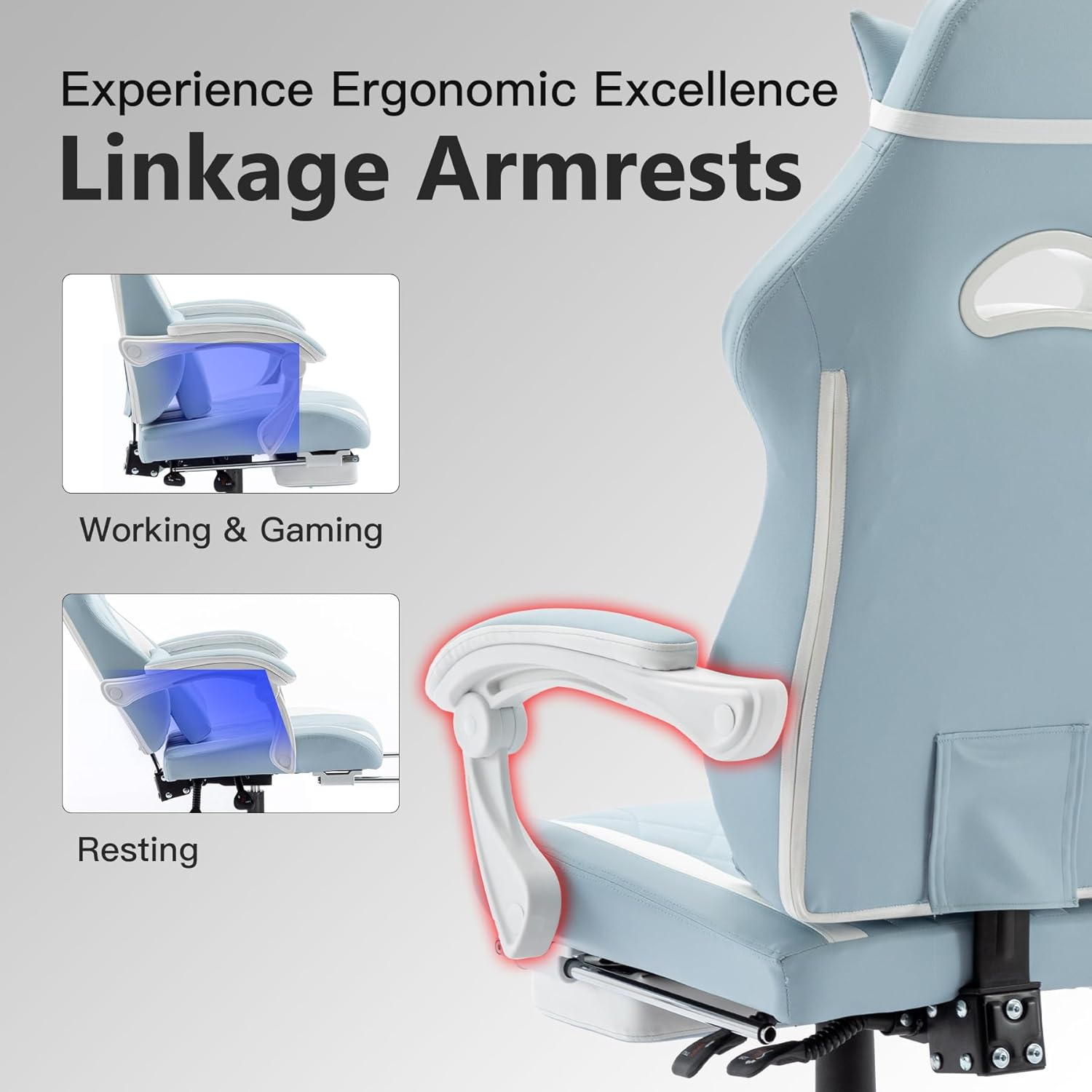 Segedom Gaming Chairs High Back Massage Game Chair with Footrest Computer Reclining Chair with Headrest and Lumbar Support for Big and Tall PVC Leather Gaming Chair for Adults (Cyan White) - Blue image number 7