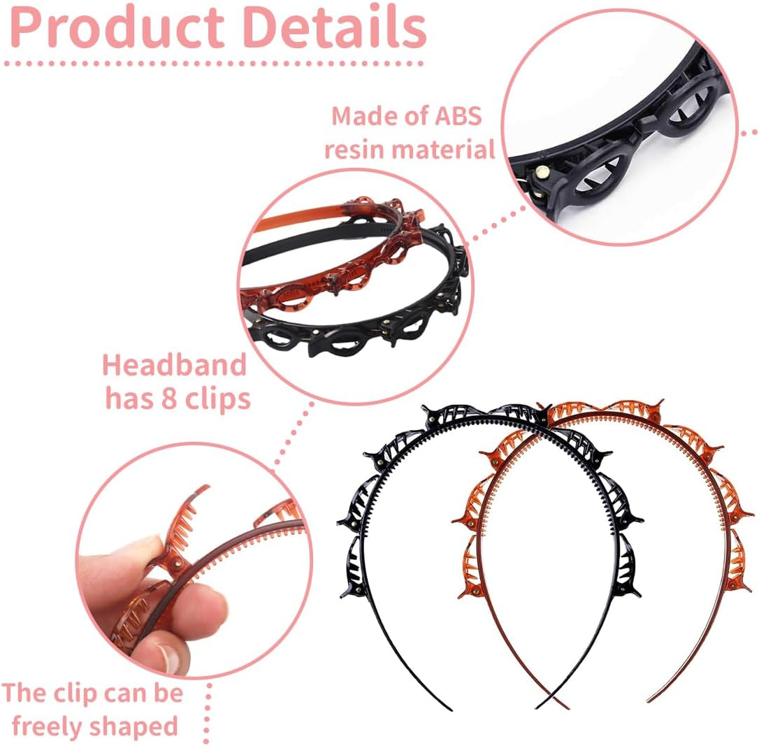 BEPSYOM Pack of 2 Headband with Clips, Hairstyle Aid, Headband with Tooth Headband Braid Tool, Elegant Headband for Women and Girls image number 2