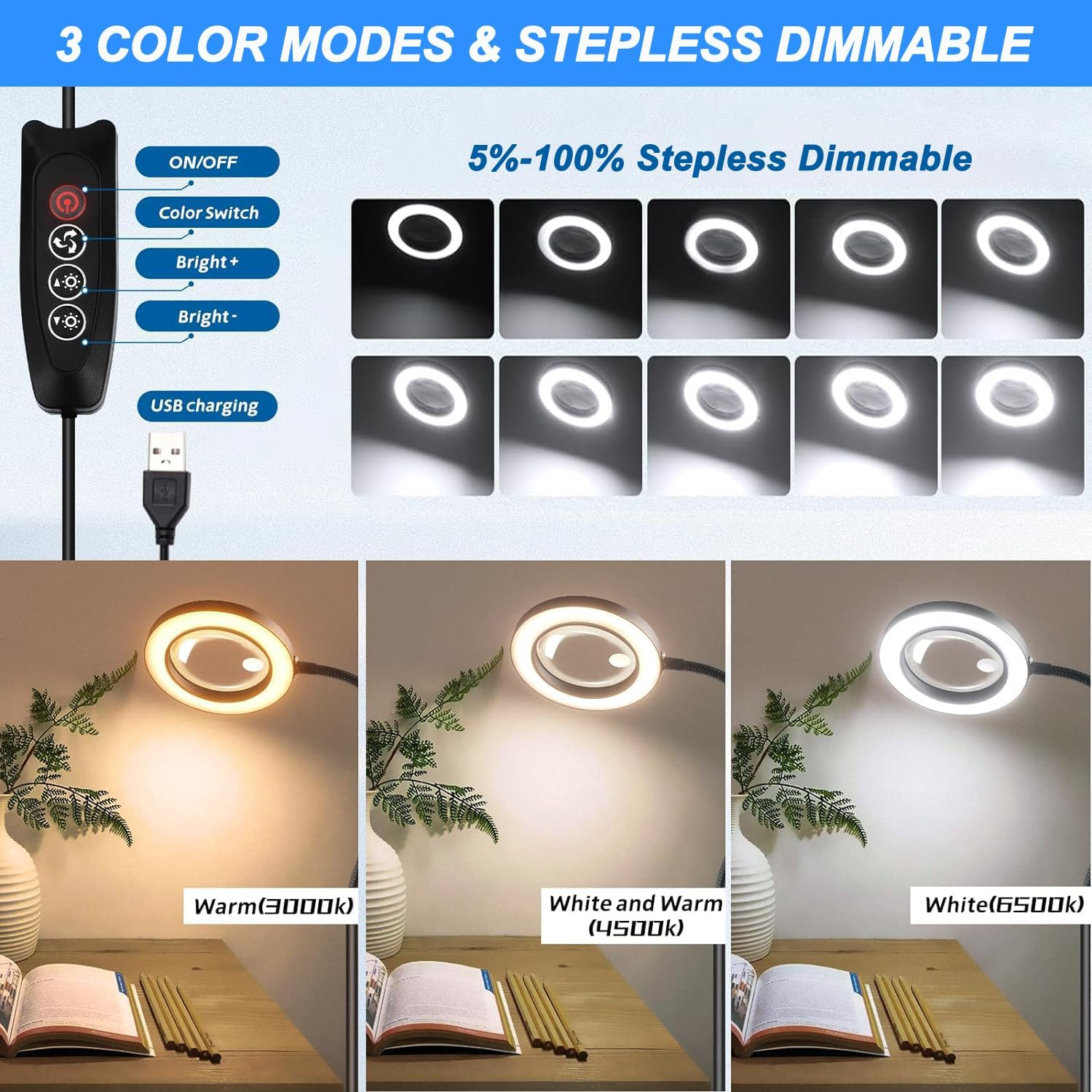 Magnifying Floor Lamp, 5X 10X Magnifying Glass with Light with 3 Color Modes and Dimmable Adjustable Brightness, 72 LED Gooseneck Standing Magnifying Glasses Lamp for Repair, Reading, Crafts image number 1