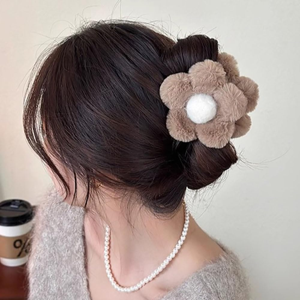 Set of 6 Cute Plush Flower Hair Clips Set, Colour Flower Hair Clips Cute Kawaii Flower Hair Clip Vintage Elegant Plush Floral Claw Clip Flowers Hair Clips for Women Girls Hair Accessories image number 4