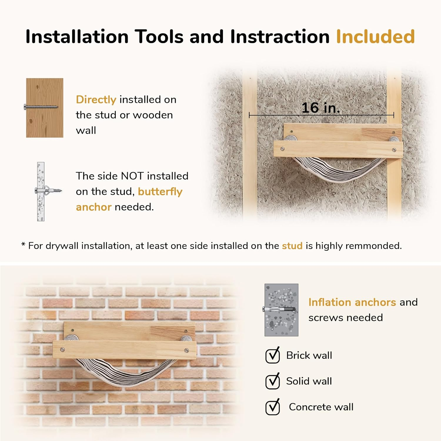 FUKUMARU Hammock Wall Mounted Cat Beds and Perches, Wooden Kitten Walls Furniture, Stable Cats Shelves for Sleeping, Playing, Climbing, and Lounging, Black Stripe - Black image number 5