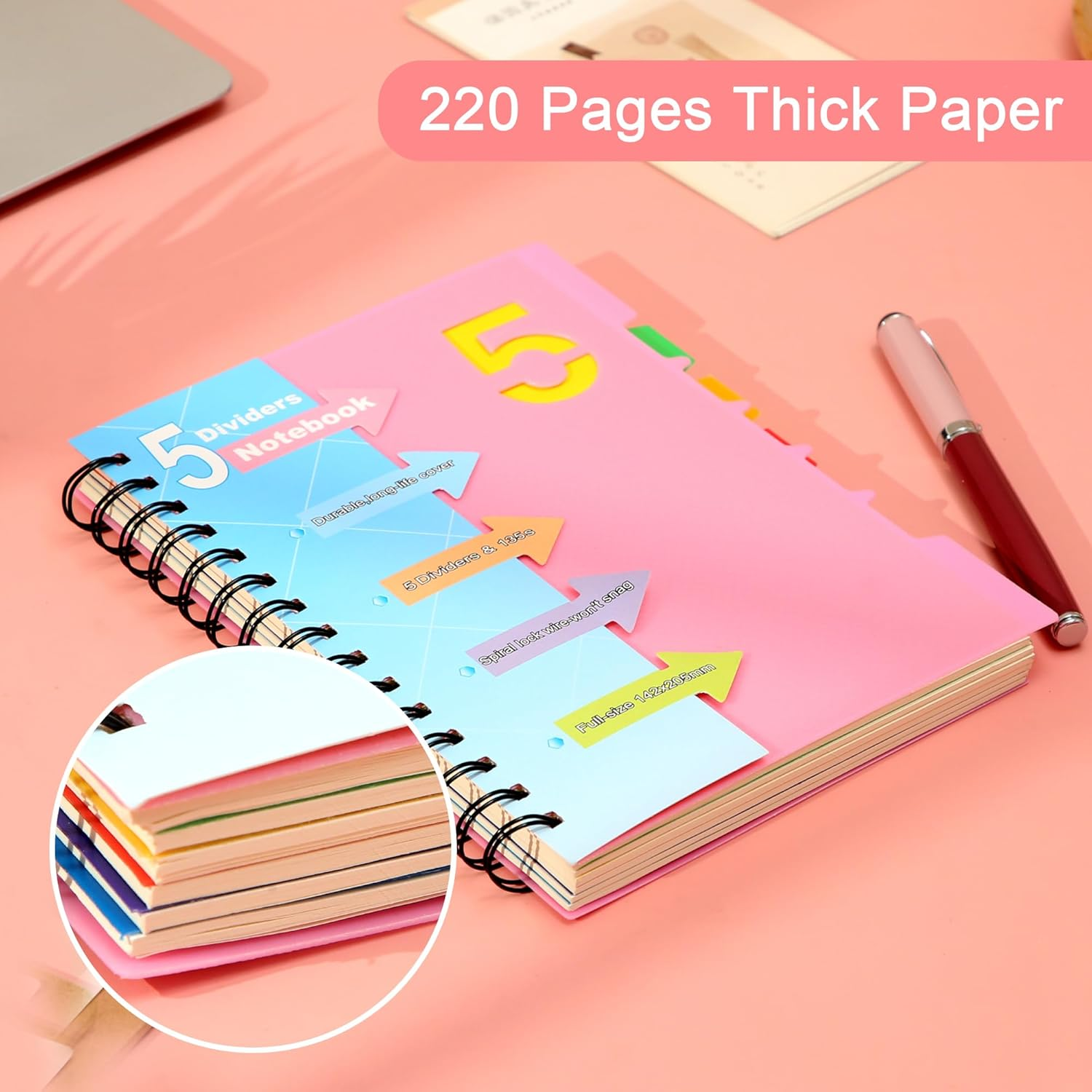 CAGIE 5 Subject Notebook with Removable Divider Tabs, A5 Spiral Notebook 5X7 Inch Lined Spiral Notebook for Women, 220 Pages Spiral Notebooks for School Note Taking, Pink image number 2