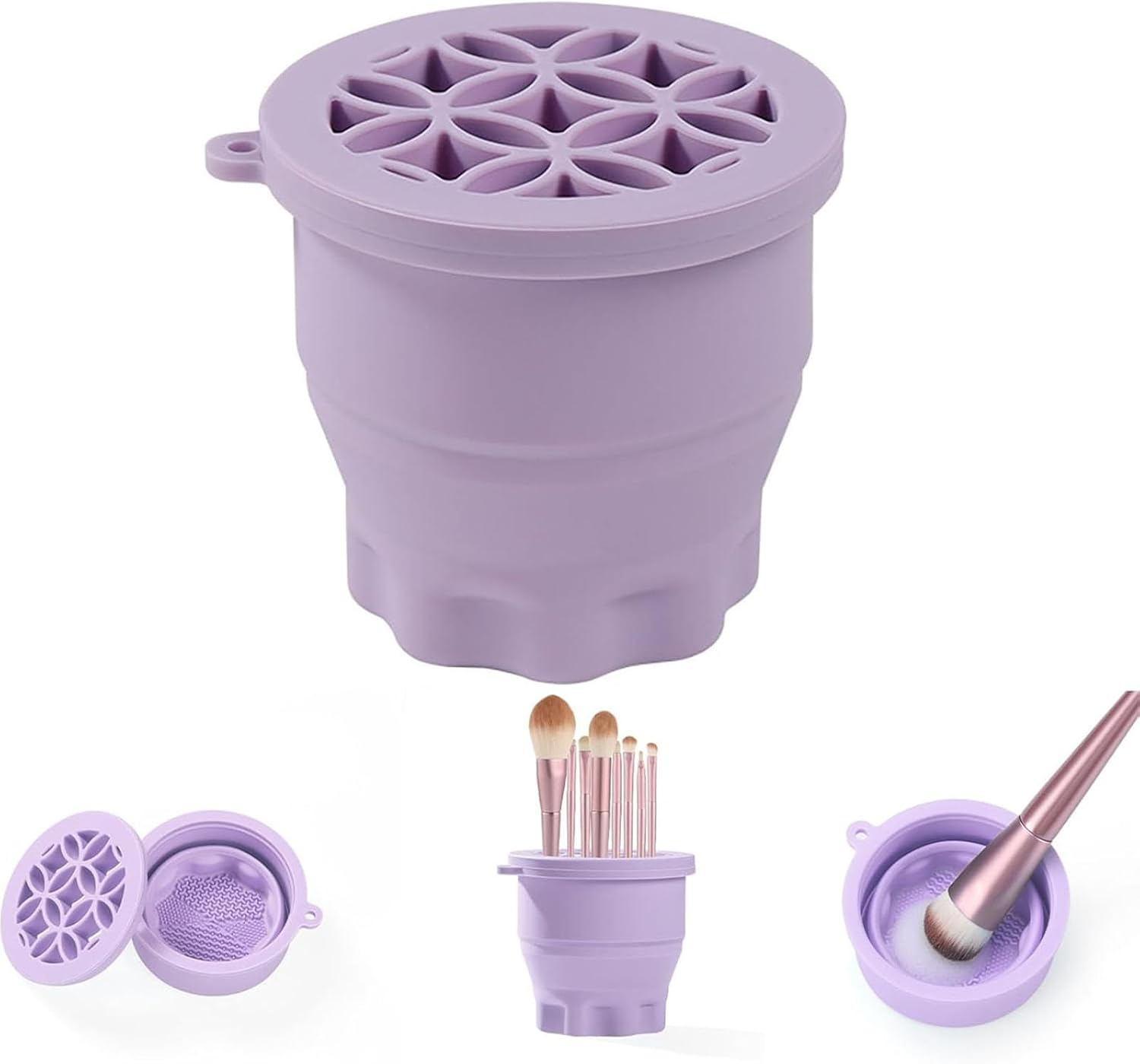 SYGELER Makeup Brush Cleaner Mat with Brush Storage Holder,3-In-1 Folding Makeup Brush Cleaning Pad - with Brush Drying Rack, Silicone Scrubbing Board+Powder Puff Cleaning Bowl