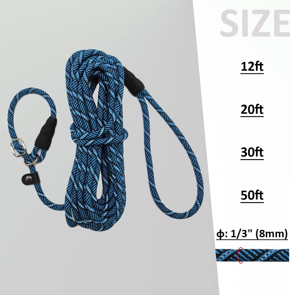 Anti-Choking Long Slip Lead Dog Leash 12FT/20FT/30FT/50FT, Reflective Nylon Rope Training Leash for Medium Small Dogs Outdoor Behavior Active Playing (30Ft, Blue)
