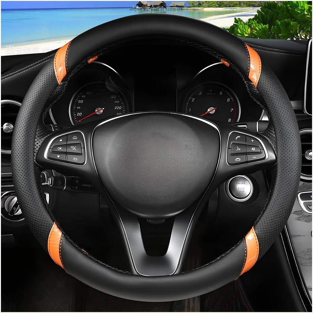 Sandfren Carbon Fiber Car Steering Wheel Cover, 15 Inch Breathable PU Leather Vehicle Steering Wheel Protector with Anti-Slip Lining, Soft Automotive Interior Accessory, Universal Fit (Black/Orange) - Black/Blue image number 3