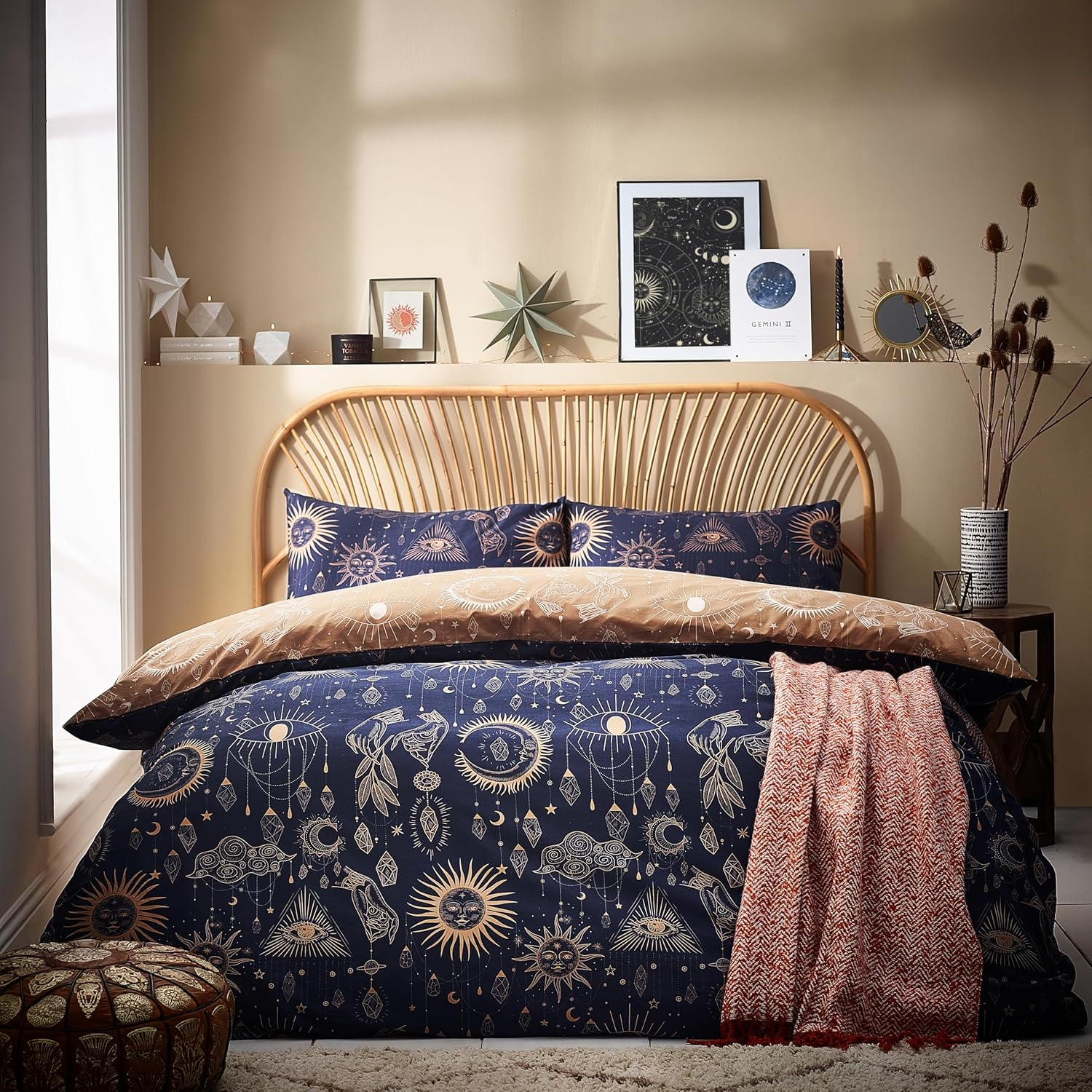 Furn. Constellation Duvet Cover Set &ndash; Celestial Galaxy Print with Stars & Moons, Reversible Polycotton Bedding (Gold/Navy &ndash; Super King) image number 2