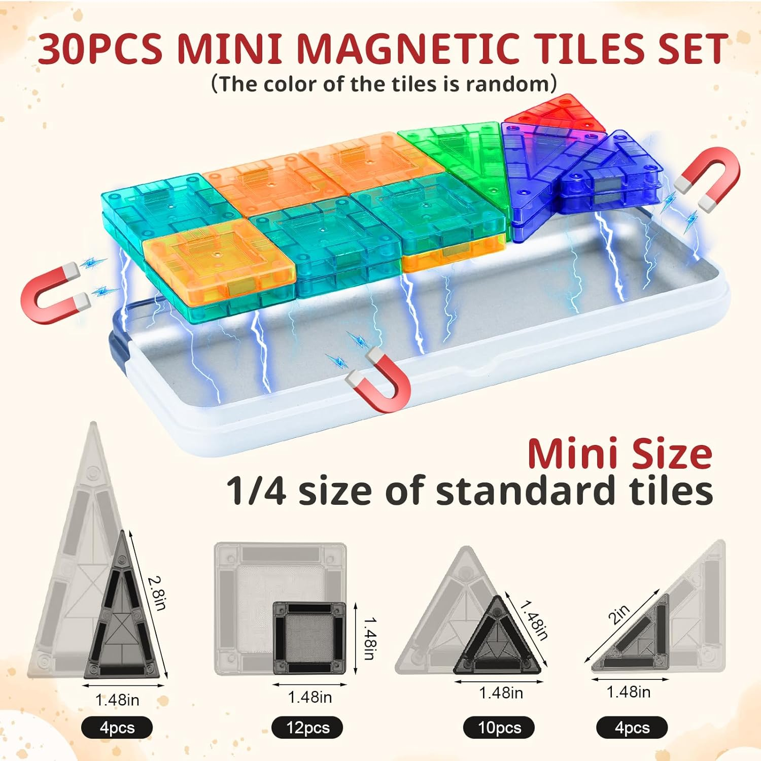 Mini Magnetic Tiles for Kids Ages 3-6, Travel Magnet Building Tiles Set, STEM Educational Building Blocks Set with Iron Box, 30PCS Portable Building Game Toys for Toddlers, Boys & Girls Puzzle Gift image number 1