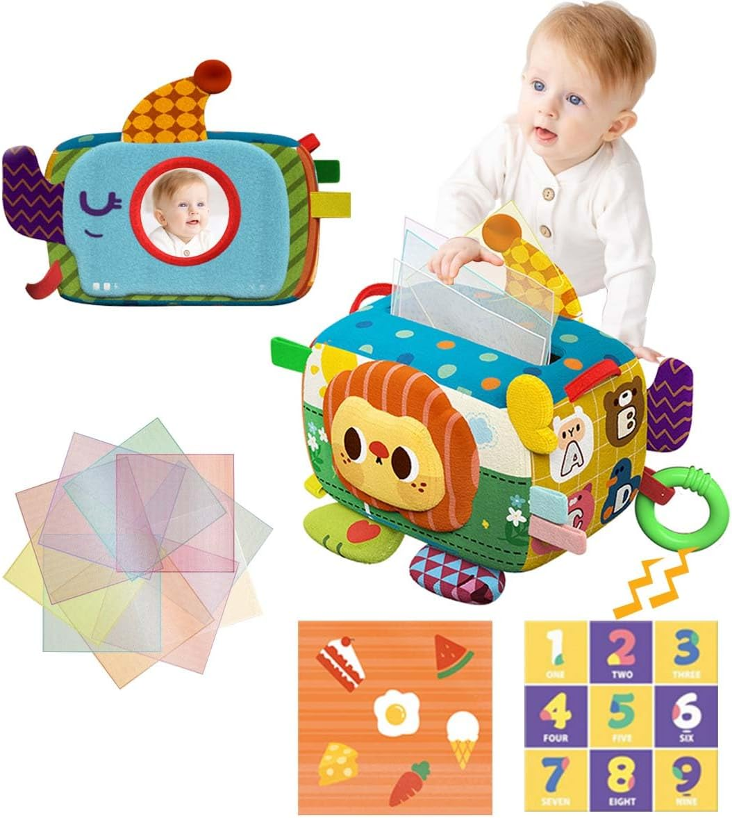 Baby Tissue Box, Infant Montessori Sensory Toy with Soft Crinkle Papers ＆ Silk Scarves, Textured Tissues Box with Mirror Toddlers Early Educational Learning Travel Toys for 6+ Months image number 1