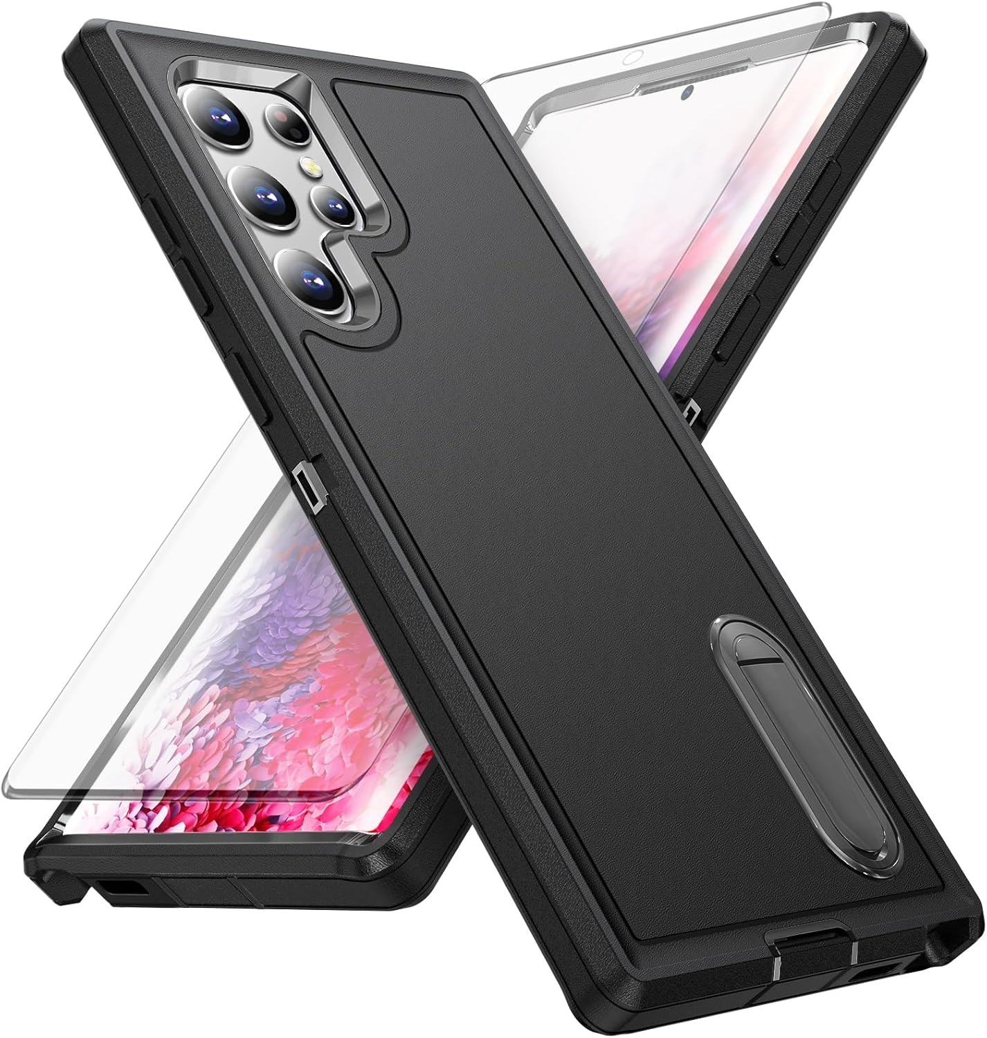 Phone Case for Samsung Galaxy S22 Ultra 5G with Screen Protector Cell Cover Hybrid Hidden Stand Rugged Shockproof Hard Heavy Duty Protective S22Ultra 22S S 22 S22Ultra5G 6.8 Women Men (Black+Black)