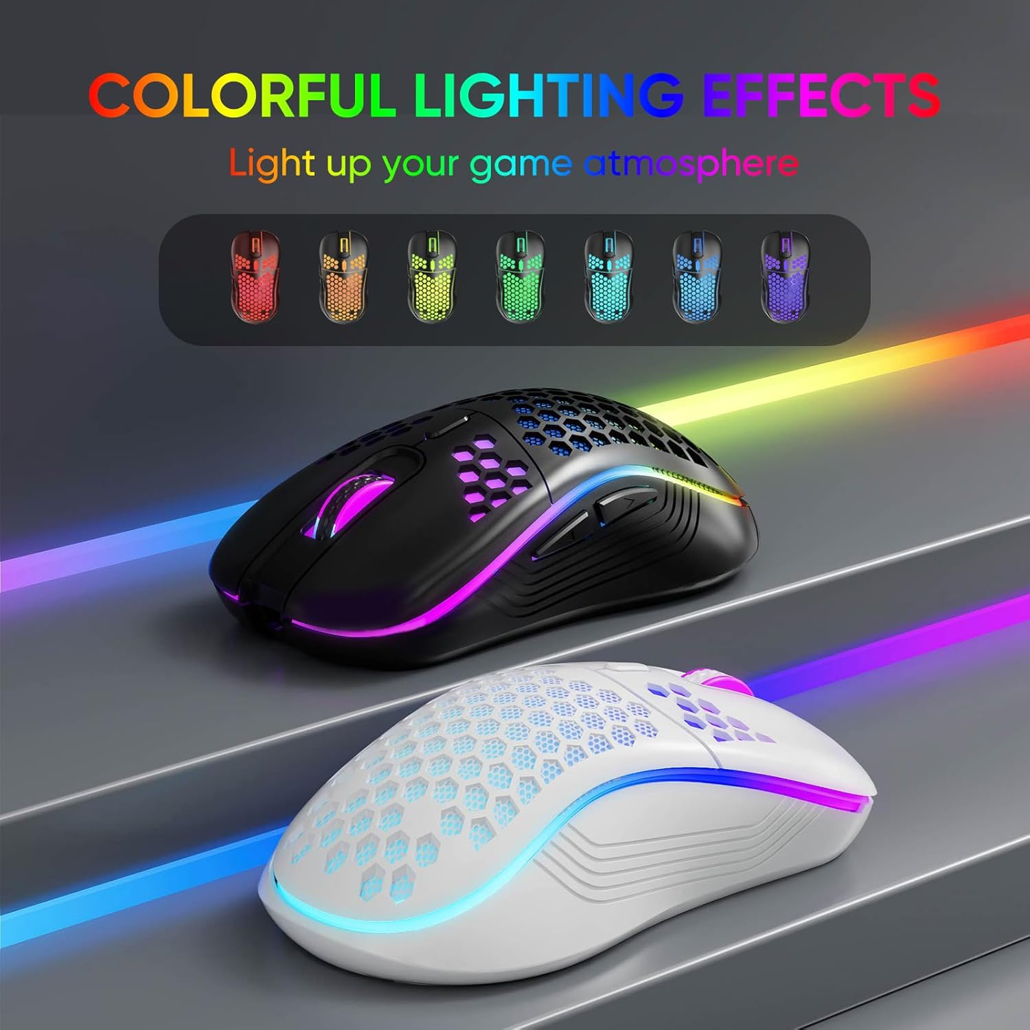 MELOGAGA Wireless Gaming Mouse Honeycomb 2.4G USB Cordless Mouse RGB Rechargeable PC Game Mice with 7-Color LED Lights，4 Adjustable DPI for Windows Laptop Desktop Computers -Black - Wireless_White image number 4