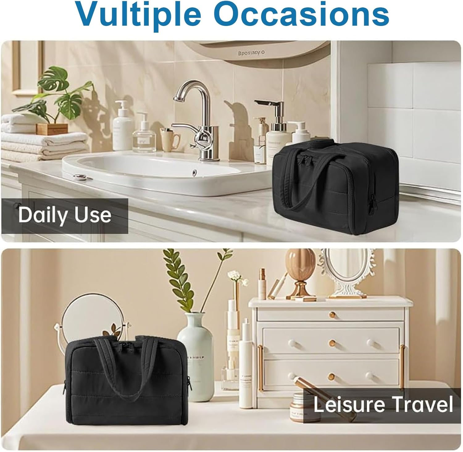 Travel Toiletry Bag, Puff Large Capacity Lightweight Wide-Open Travel Cosmetic Bag, 4 in 1 Multi-Functional Bag for Women, Waterproof Portable with Divider & Handle, Dry and Wet Separation (Black) image number 1