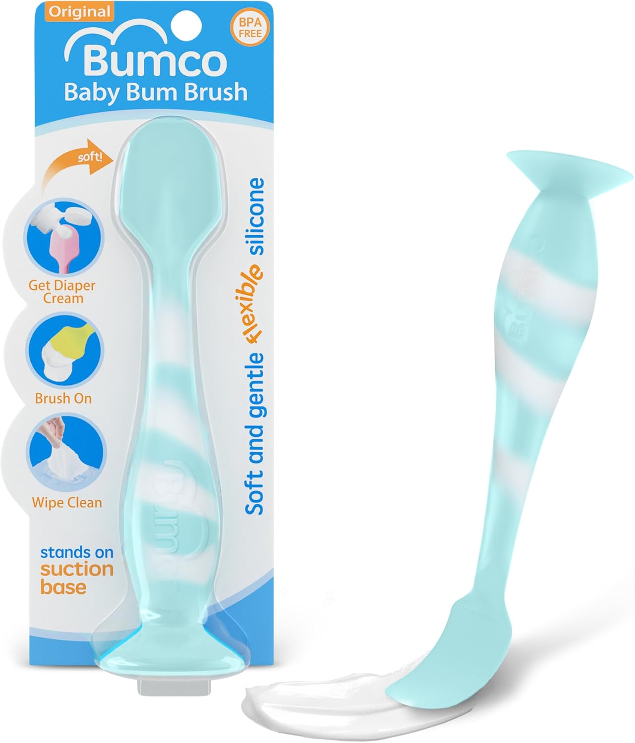 Baby Bum Brush Bumco Baby Diaper Rash Cream Applicator - Diaper Cream Spatula for Butt Paste Diaper Cream - Newborn Baby Essentials, Perfect for Baby Registry, Baby Shower Gifts - Aqua Swirl image number 3