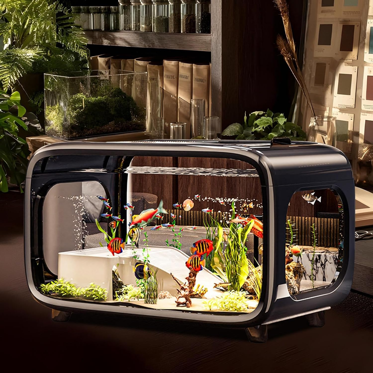 Small Aquarium &ndash; Betta Fish Tank, Clear Acrylic Bowl, Mini Aquatic Animal Container | Habitat for Snails Shrimp Turtle, Aquatic Planting Landscape Decor, Indoor Pet Housing for Office Home Display image number 1