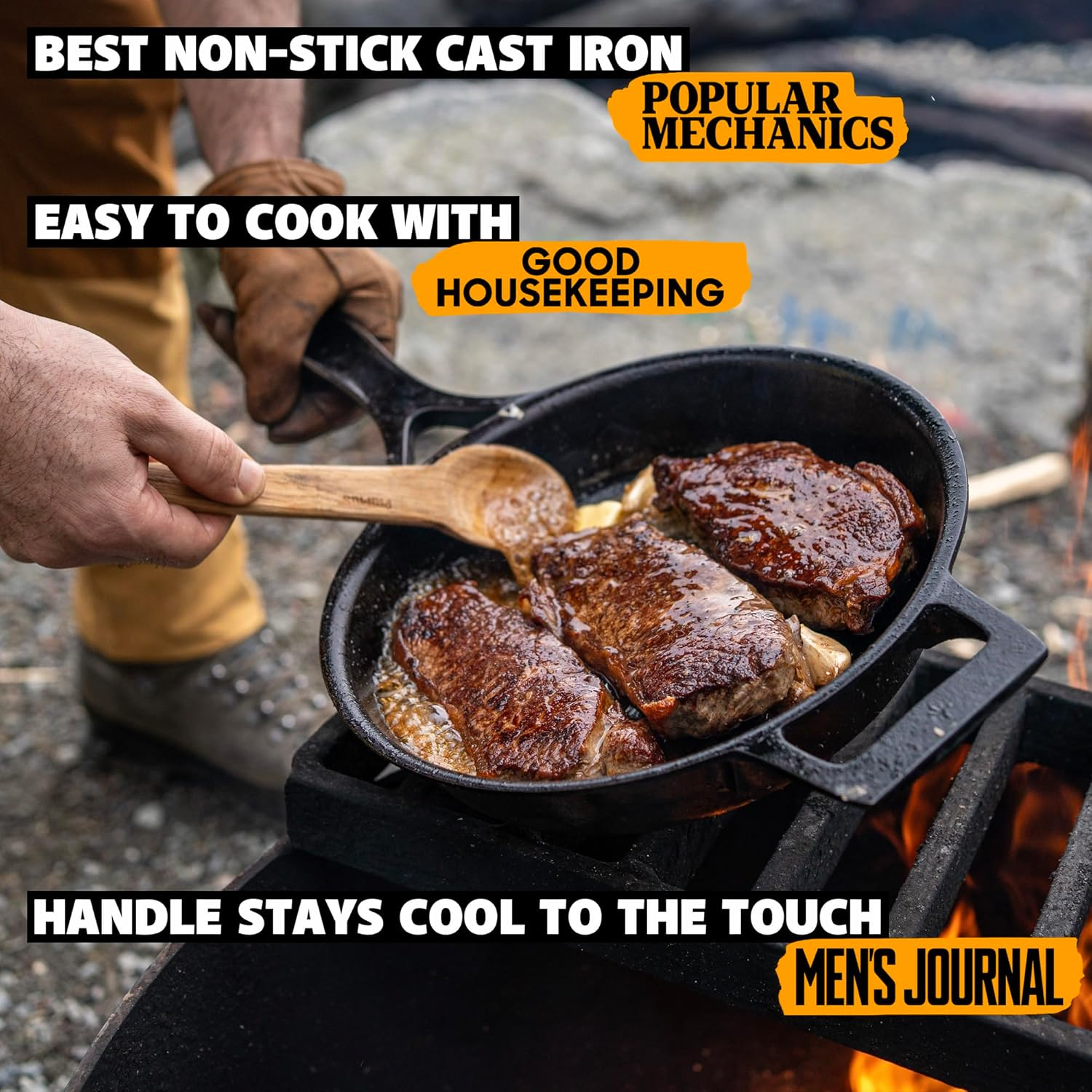 Stargazer 12-Inch Cast Iron Skillet | Made in USA, Seasoned, Even Heat Distribution, Easy to Clean, Smooth Nonstick Finish for Grilling, Frying, Sauteing, Searing, Baking image number 4