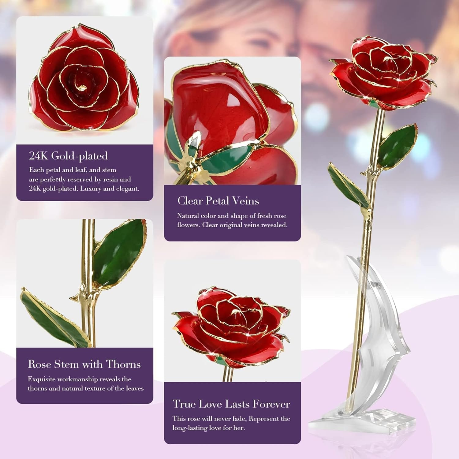 VIYNRAN Gold Dipped Rose, Viynran Long Stem 24K Gold Dipped Real Rose Lasted Forever with Stand, Best Romantic Anniversary Valentines Day Gifts image number 4