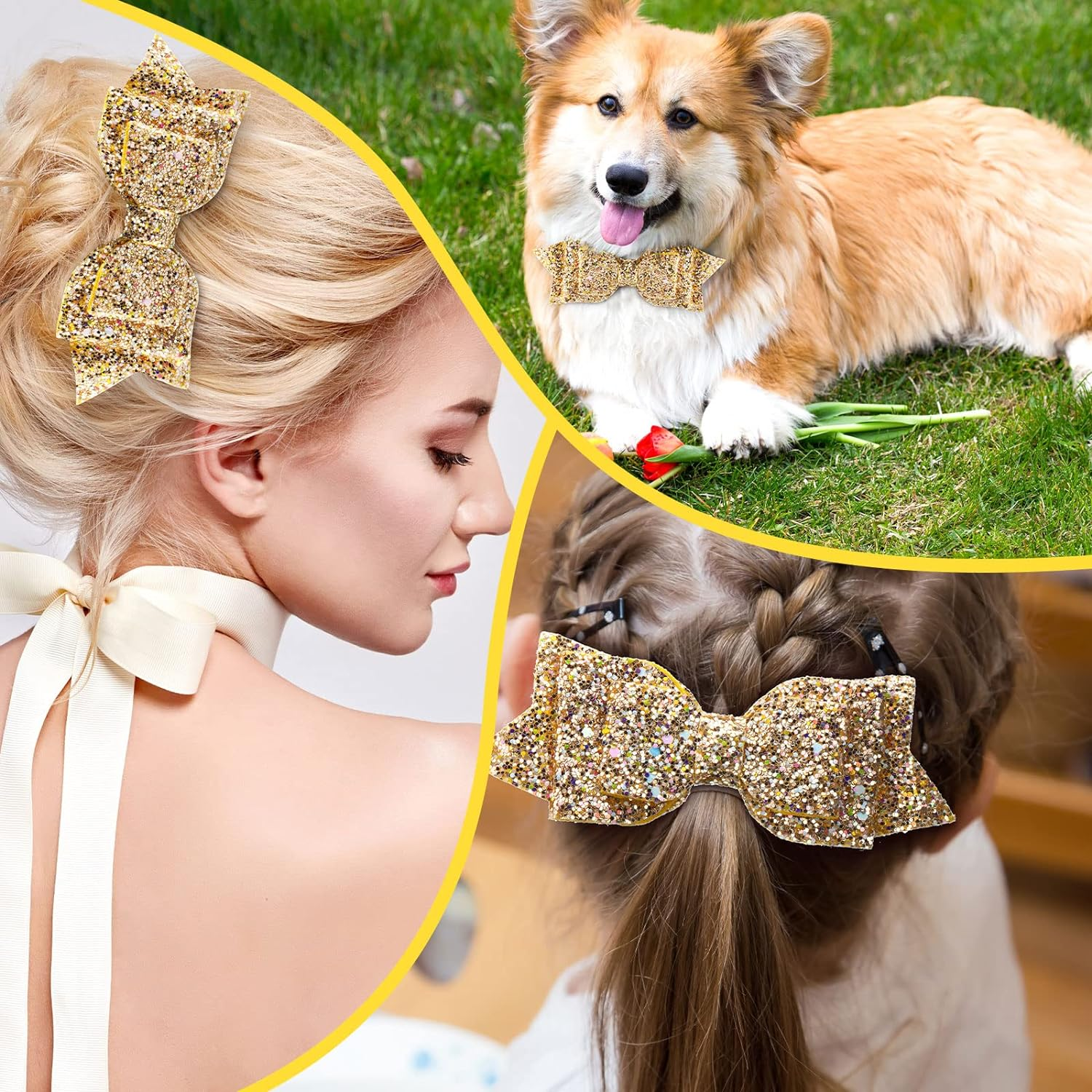 6 Pcs 5 Inch Glitter Sequin Boutique Hair Clips - Sparkly Bowed Accessories for Baby, Toddler, Teen Girls (Gold)