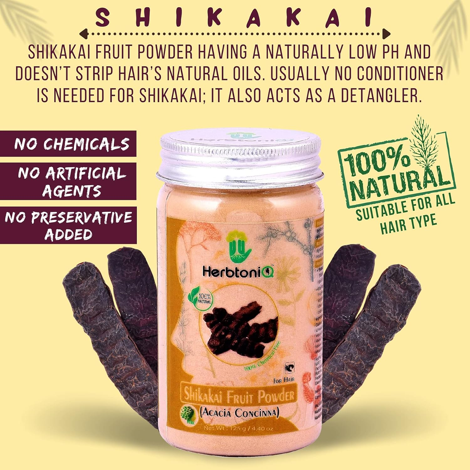Herbtoniq 100% Natural Shikakai Fruit Powder (Acacia Concinna) 125G for Hair Pack (125 G) image number 1