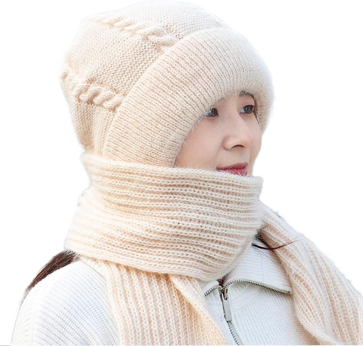 Lopsity Winter Warm Knitted Hat for Women Integrated Ear Protection Windproof Cap Scarf Knitting Thick Winter Knitted Hat for Women 2 in 1 Winter Warm Knitted Hat Scarf