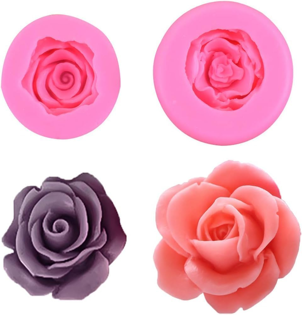2 Pcs Bloom 3D Rose Flower Fondant Silicone Molds for Chocolate Cake Soap Candy Pastry Candle Dessert (2 Size)
