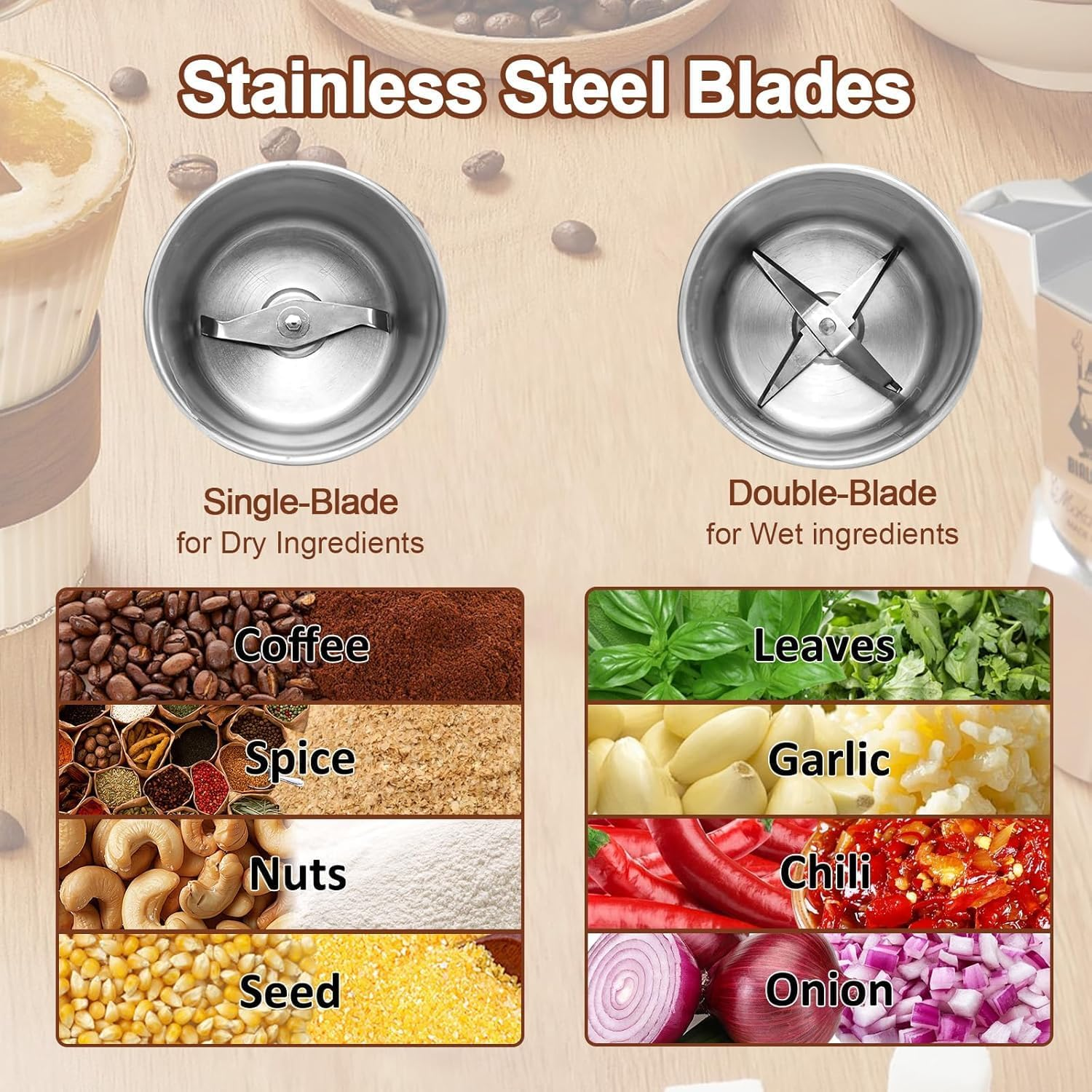 Electric Coffee Grinder & Spice Grinder, 3.5Oz /100G Capacity, Dual Leaf Stainless Steel Blade for Coffee Beans, Herbs, Nuts, 2 Removable Stainless Steel Bowls - Perfect for Home, Kitchen, Camping image number 4