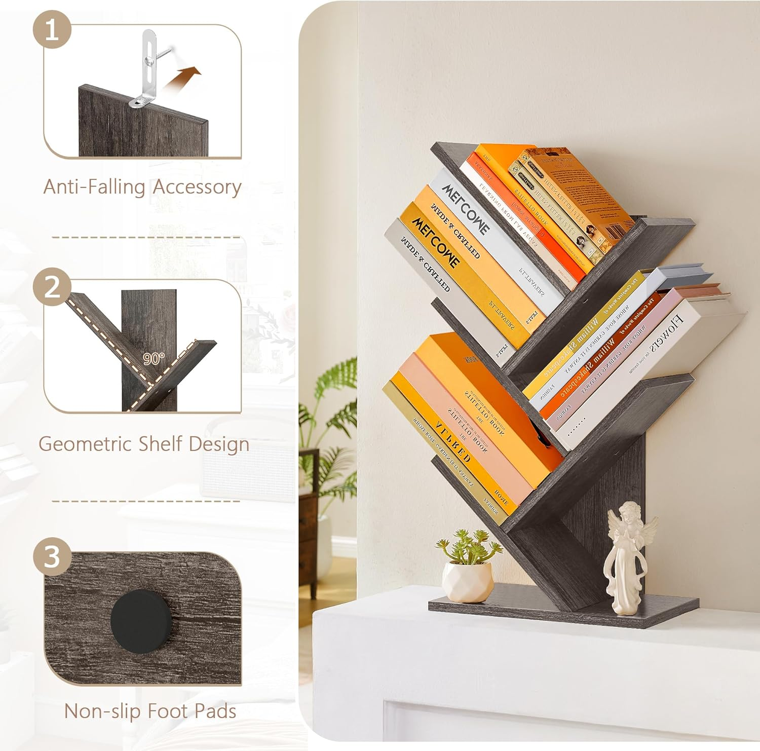 Hoctieon 4 Tier Tree Bookshelf, 4 Shelf Bookcase, Free Standing Tree Bookcase, Display Floor Standing Shelf for Books, Book Organizer Shelves for Home Office, Living Room, Bedroom, Grey