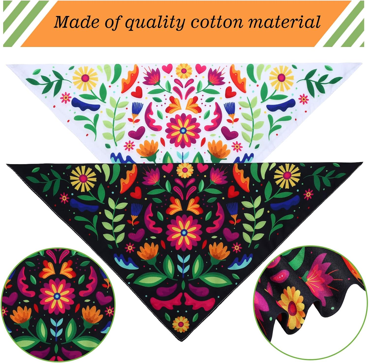Whaline Mexican Dog Bandana Floral Dog Bandana Cinco De Mayo Fiesta Pet Scarf Double-Sided Adjustable White Black Flower Pet Neckerchief for Small Medium Large Cat Dog Carnival Accessories, 2 Pack image number 1