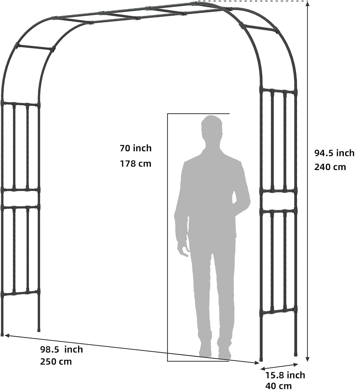 BUKLIYN Garden Arch Trellis - Length: 98.5In, Height: 94.5In Iron Garden Arch Arbor Trellis for Climbing Plants Outdoor - Garden Arch for Lawn, Party, Ceremony Wedding Decoration (Black) image number 6