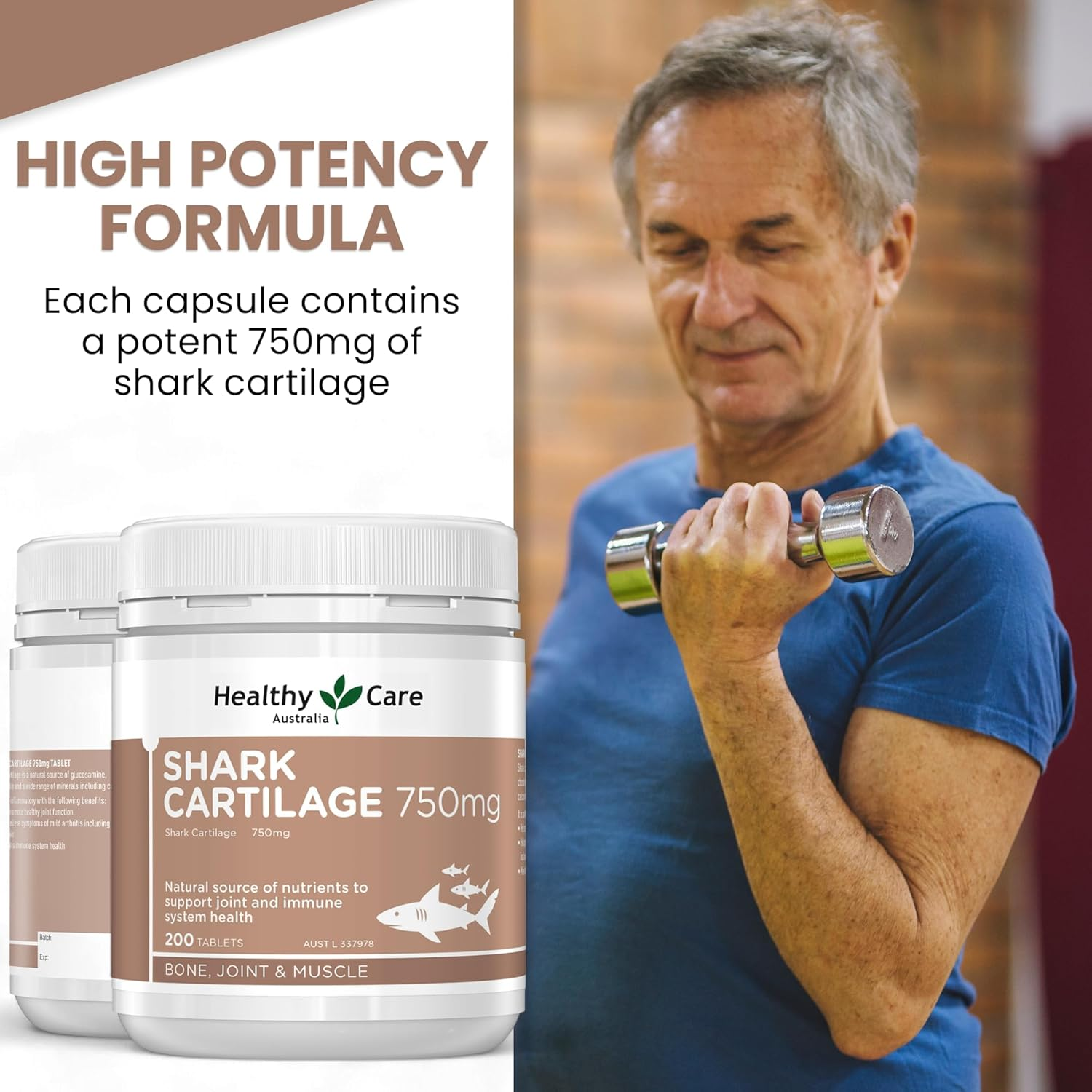 Healthy Care Shark Cartilage Tablets - Premium Dietary Supplement for Joint & Immune Support - Sugar-Free - 200 Tablets image number 5