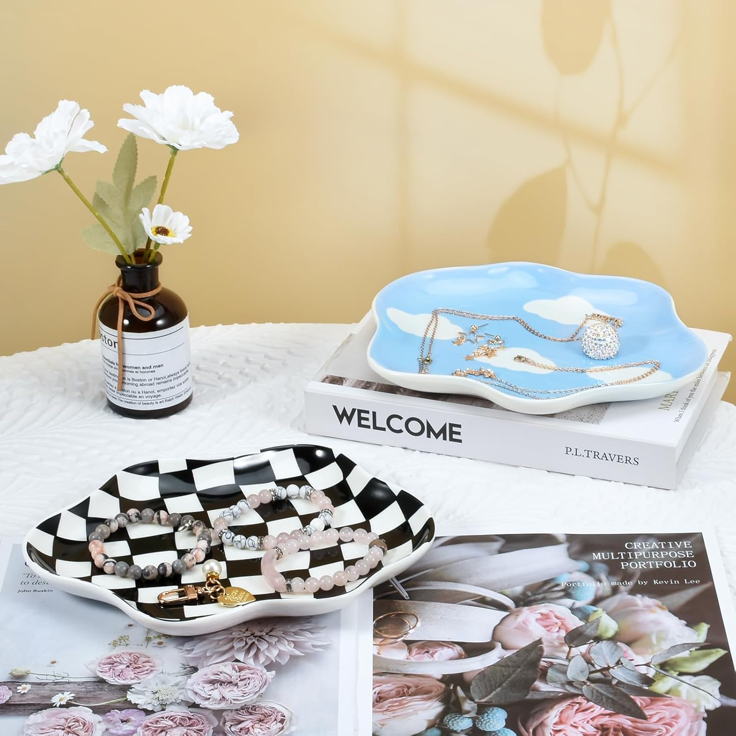 Koythin Jewelry Tray, Ceramic Jewelry Dish Trinket Tray Organizer, Checkered Pattern Aesthetic Decorative for Kitchen, Bathroom, Birthday Gift (Black and White Checkerboard) - Brown Plaid image number 3