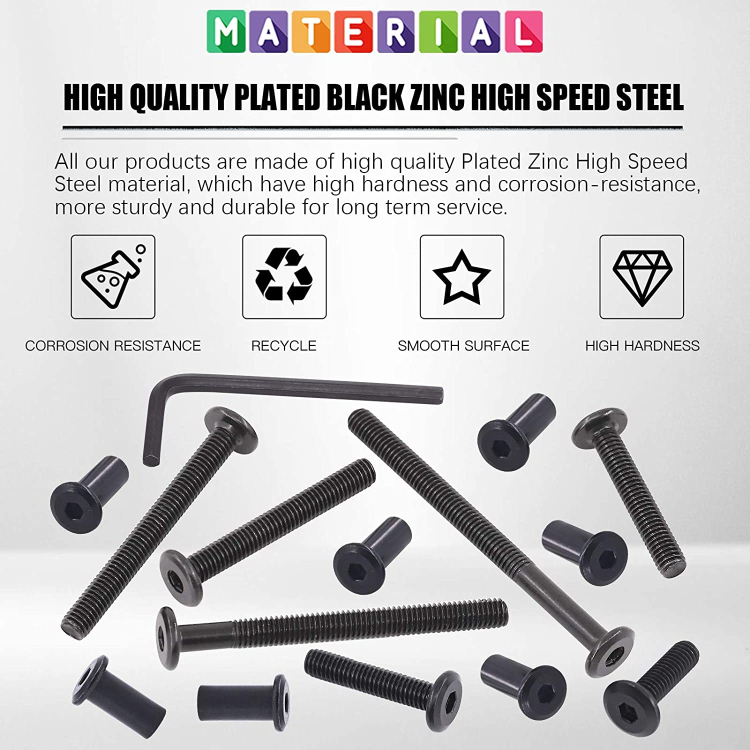 Glarks 85Pcs M6X16/ 25/35/ 45/55/ 65/ 75Mm Black Hex Drive Socket Cap Bolts Kit, Allen Head Countsunk Furniture Crib Bolts Nuts Screws for Chair Table Cabinets