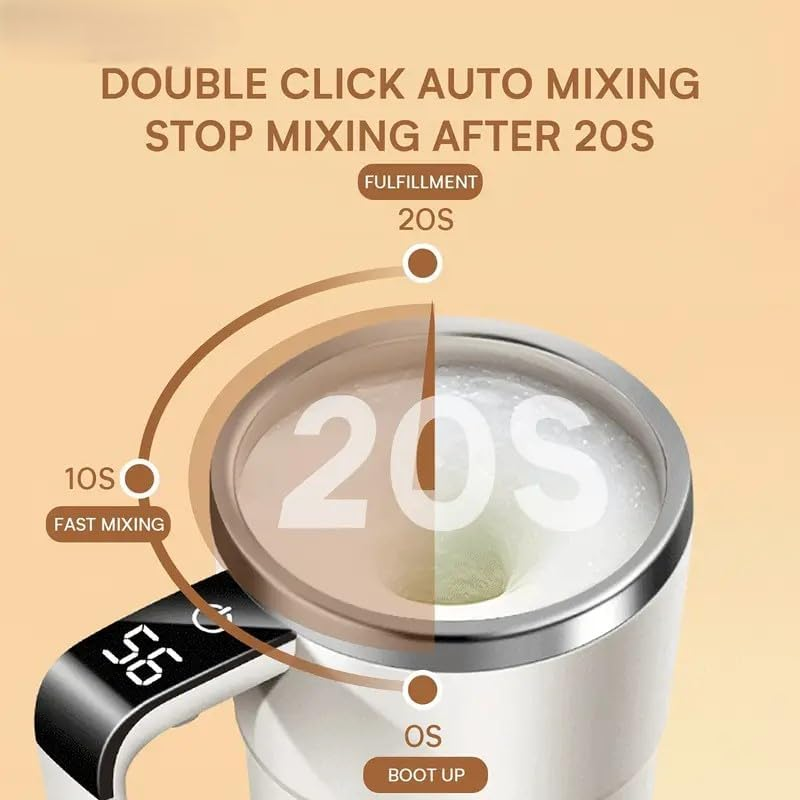 Azragon Auto Stirring Cup, Automatic Self Stirring Coffee Mug with Lid, 12 OZ, Temperature Display, Travel Tumbler, Creamy White，Fitness Cup for Bodybuilding Protein Powder.