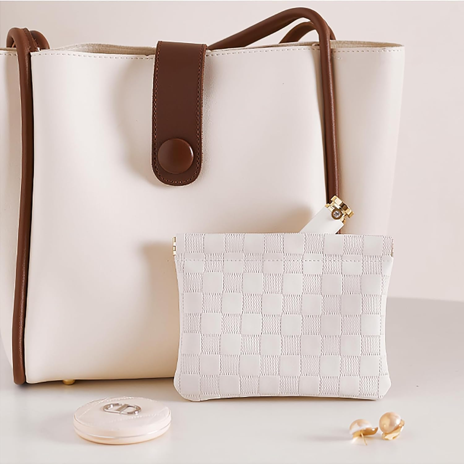 Leather Pocket Cosmetic Bag for Purse,Coin Purse Lipstick Cosmetic Accessories Organizer, Travel Kit Storage Pouch,Waterproof Portable No Zipper Self-Closing Small Makeup Pouch for Women （ Pink+White） image number 4