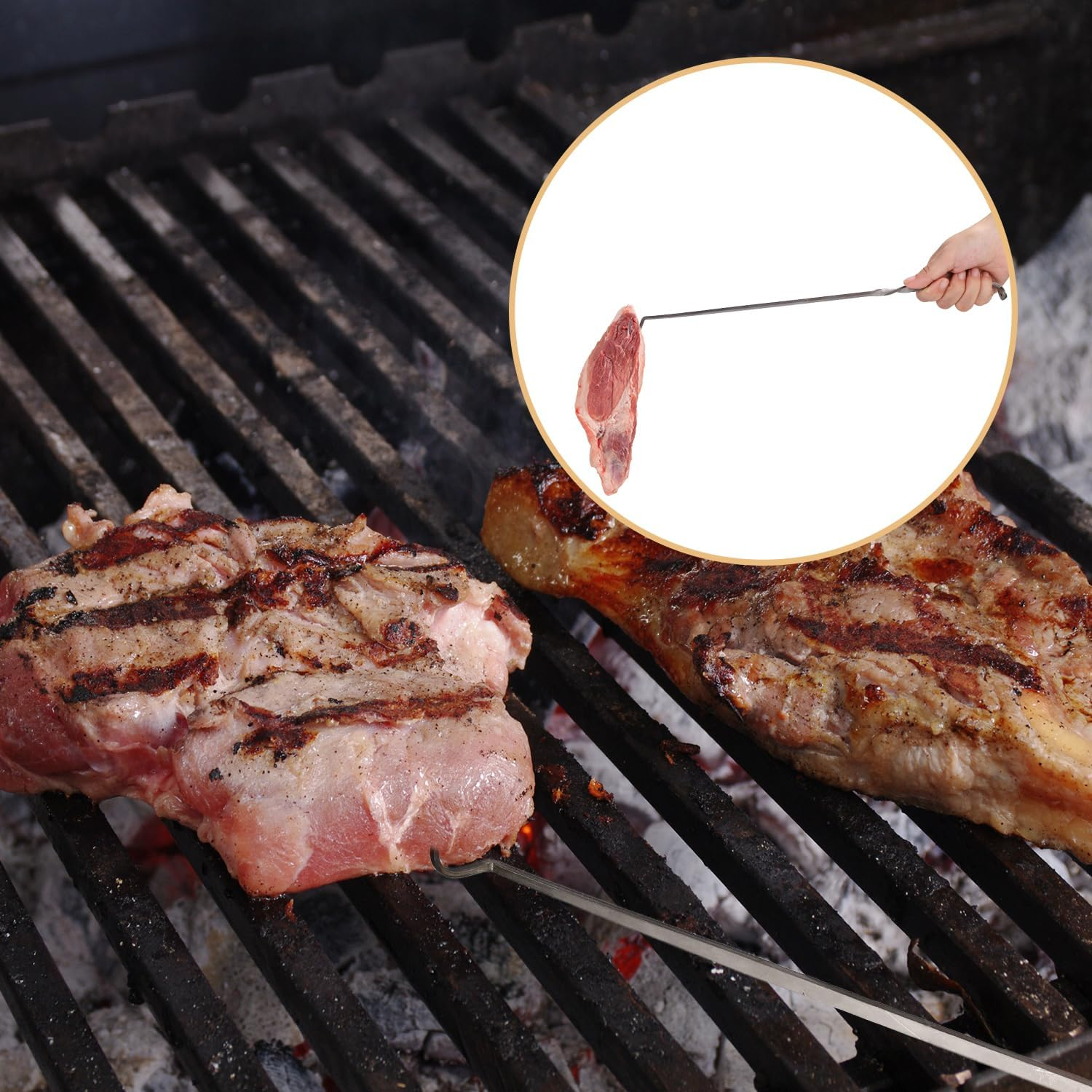 Meat Hook Flipper, Meat Flipper Hook with Rubber Tip Protective Cover Stainless Steel Meat Hooks for Grilling Meat Flippers Meat Turner Hook for Grilling Smoking Griddle image number 1