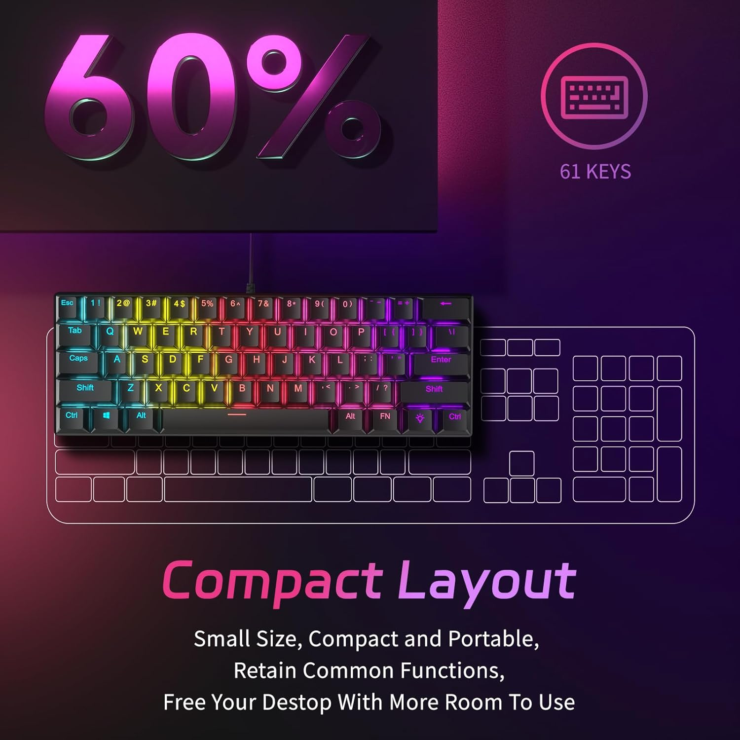 Smliekate 61-Key Mechanical Keyboard, Red Axis Compact Mini Wired Keyboard, 17 Kinds of Colorful Backlight Effect, for PC, Mac E-Sports Portable. (Black)