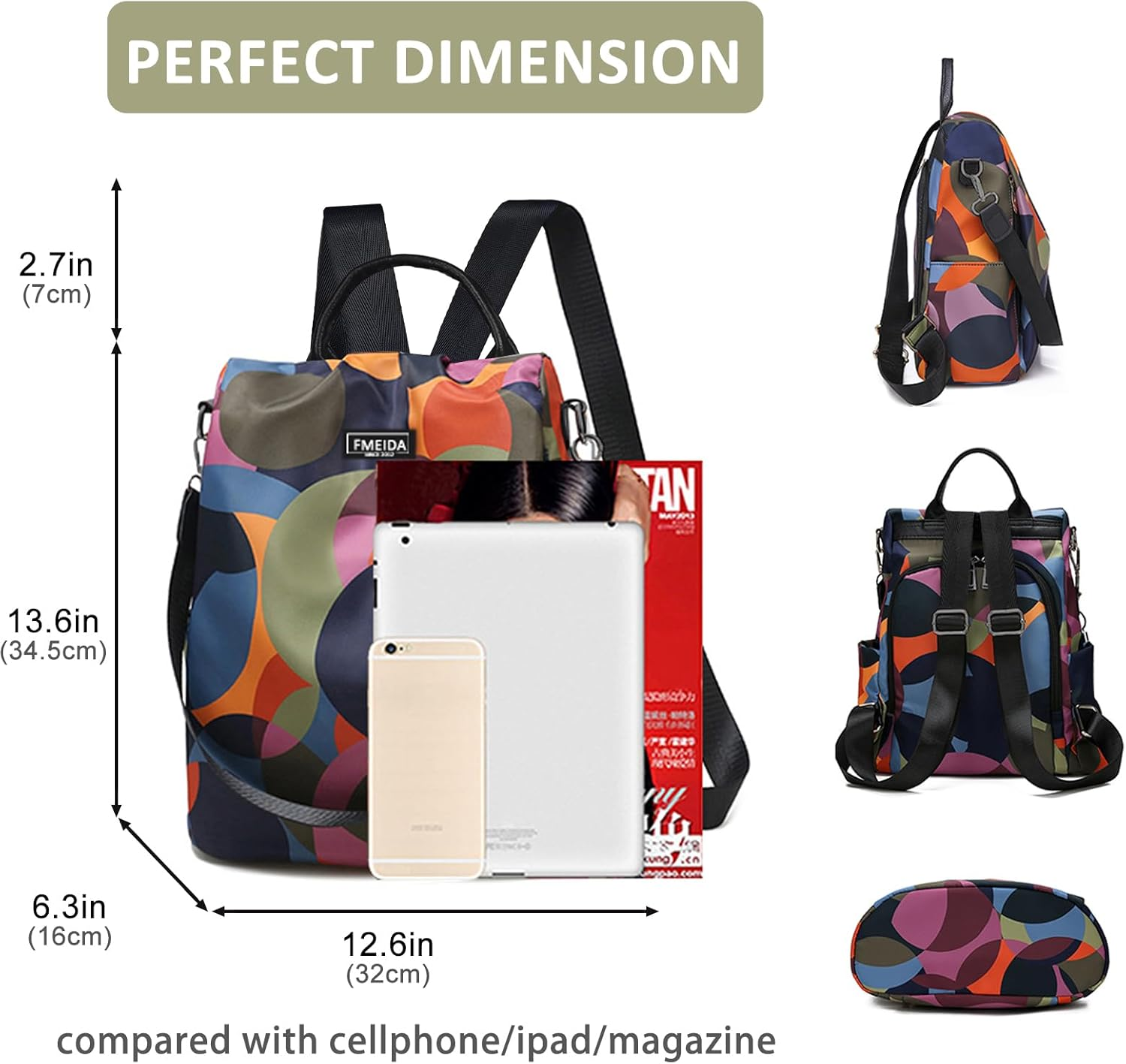 Fmeida Anti-Theft Backpack for Women, Waterproof Nylon Daypack Shoulder Bag Ladies Rucksack Handbags Lightweight Travel Bag School Bags Fashion Casual Backpacks Purse for Girls - Blue, White Flowers image number 6