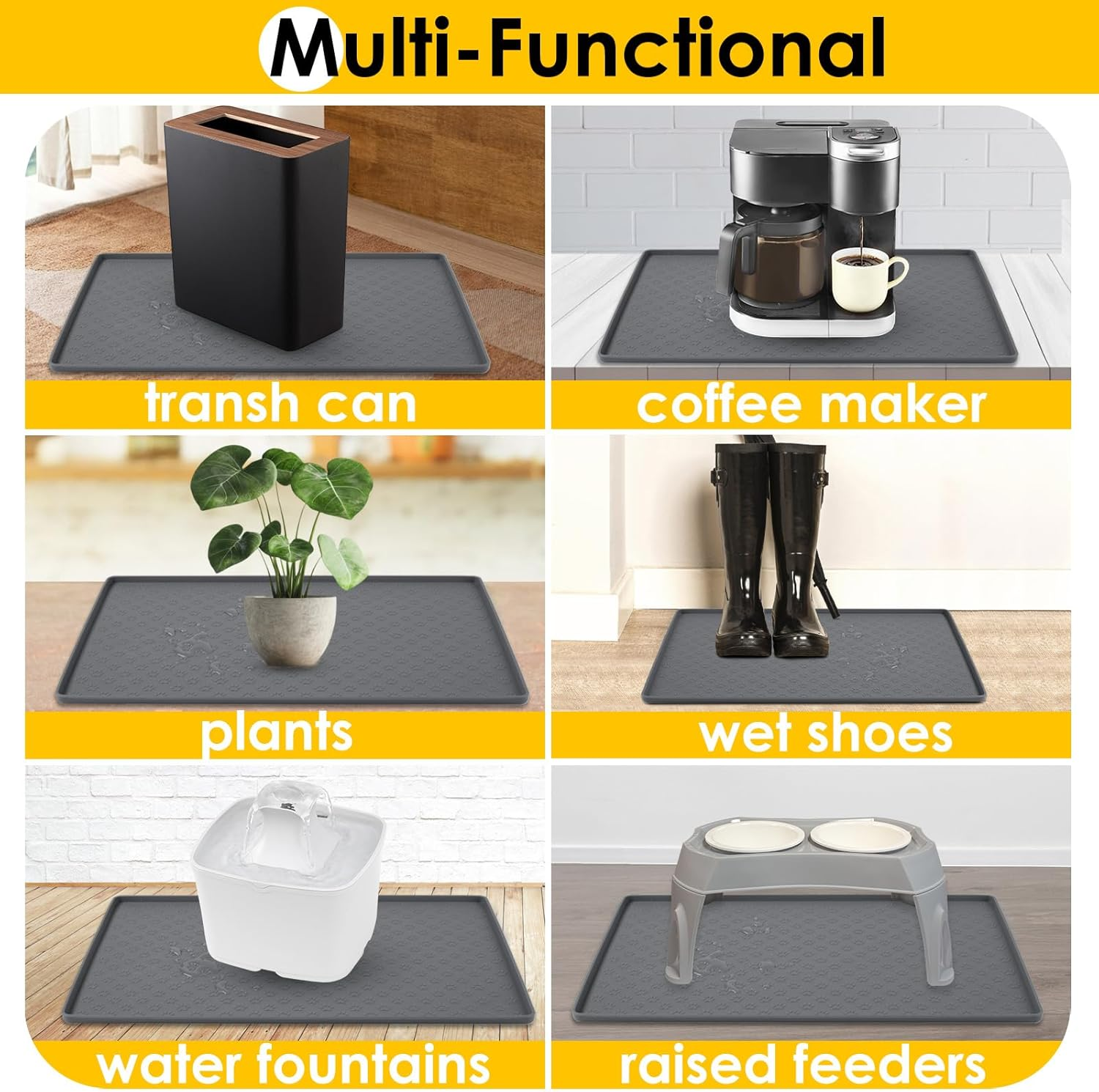 Silicone Dog Cat Food Mat, Waterproof Slip Resistant Raised Edge Pet Feeding Mats, Pet Bowl Mat Anti-Messy and Prevent Spill on Floor, Dishwasher Safe (Beige, L: 24" X 16")