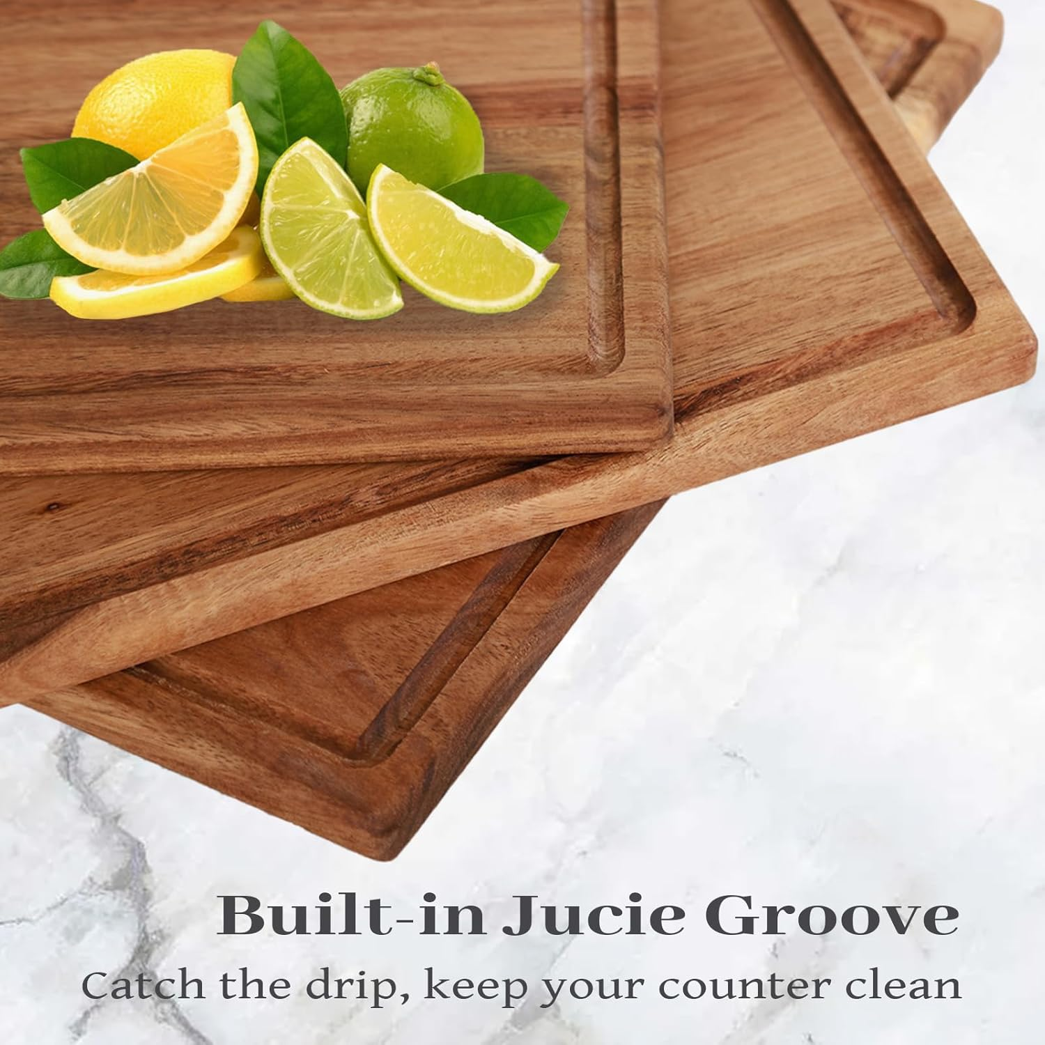 Acacia Wooden Chopping Boards for Kitchen, Cutting Board Set of 3, Reversible Wooden Cutting Board Set with Handle, Butcher Block Wooden Trays for Meat, Fruit Vegetable and Cheese image number 3