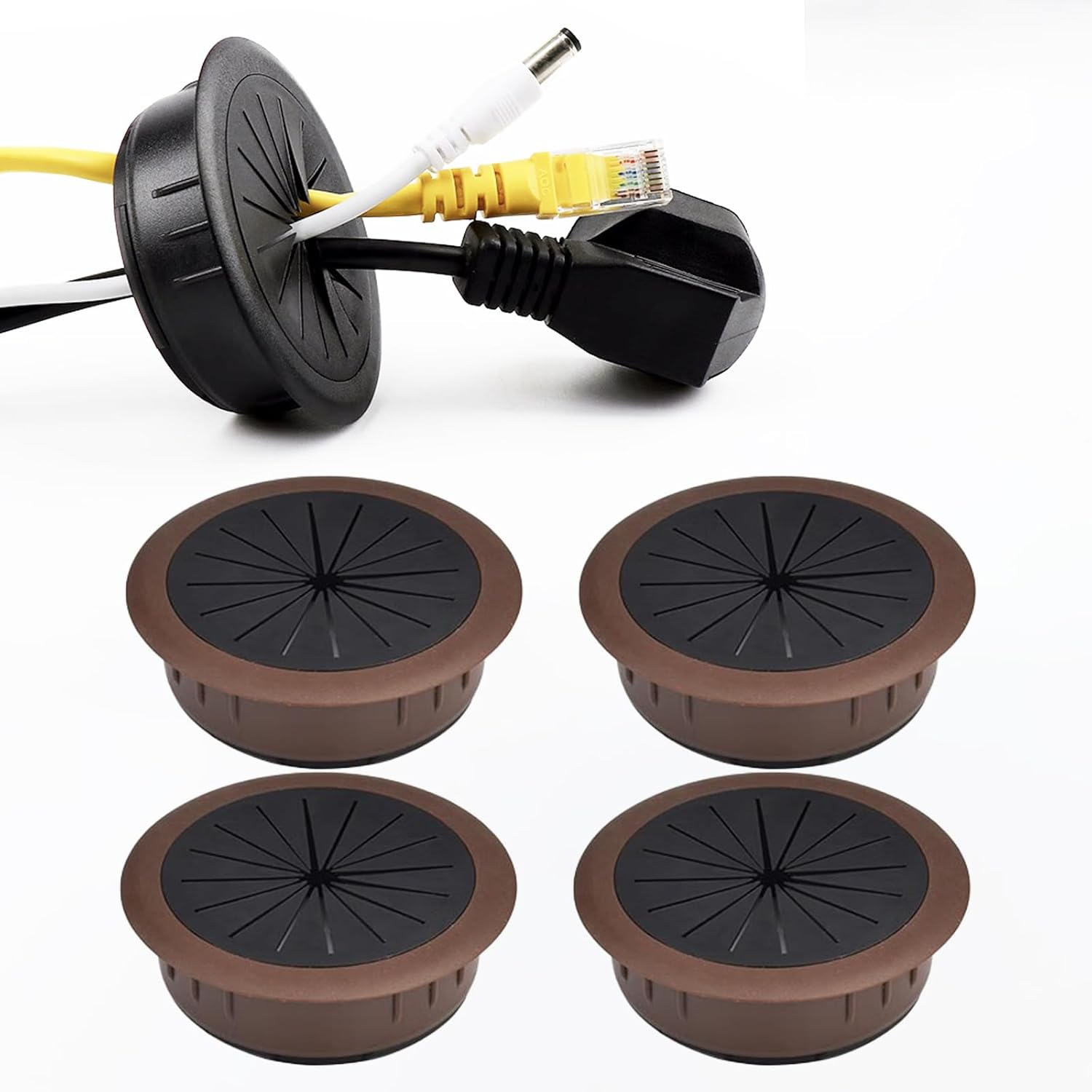 Zakora 4PCS Flexible Desk Grommet, 2 Inch Aperture, Data Cable Storage and Sorting Tools, Wire Cord Cable Grommets Hole Cover, Detachable, Adjustable Aperture (Brown)