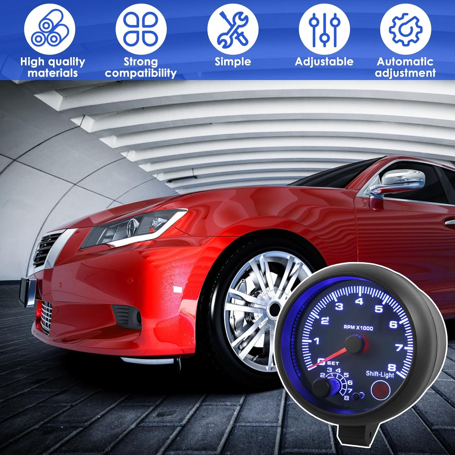 Car Tachometer Gauge Universal Car RPM Tachometer Gauge 3.75In Automobile Tachometer Adjustable Blue Inter Shift Light 0-8000RPM with Install Accessories for 12V Petrol Cars 1-2 Cylinder Motorbike image number 4