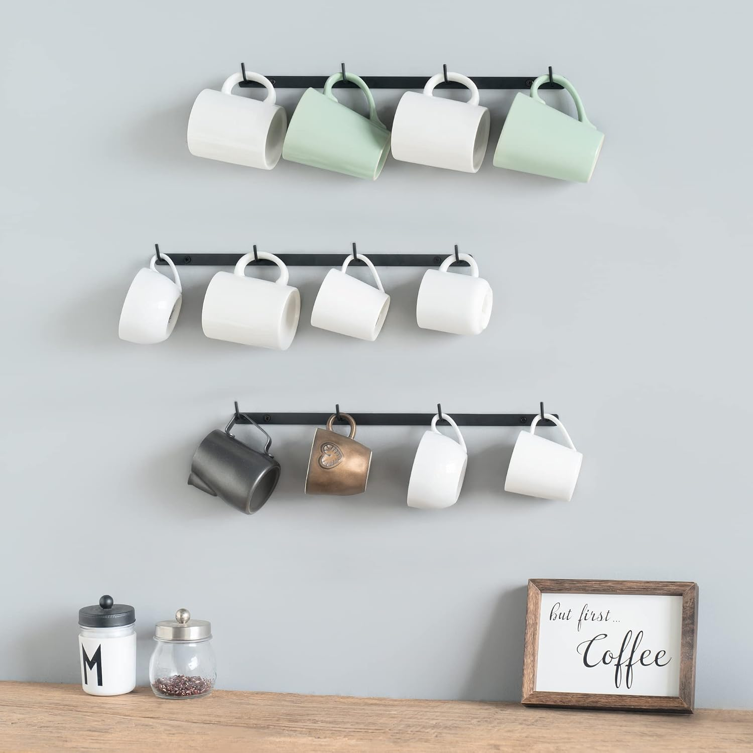 Dahey Metal Coffee Mug Rack Wall Mounted with 12 Hooks, Set of 3, Mug Display Rack Cup Holder Storage for Kitchen Dining Room Coffee Bar, Black image number 5