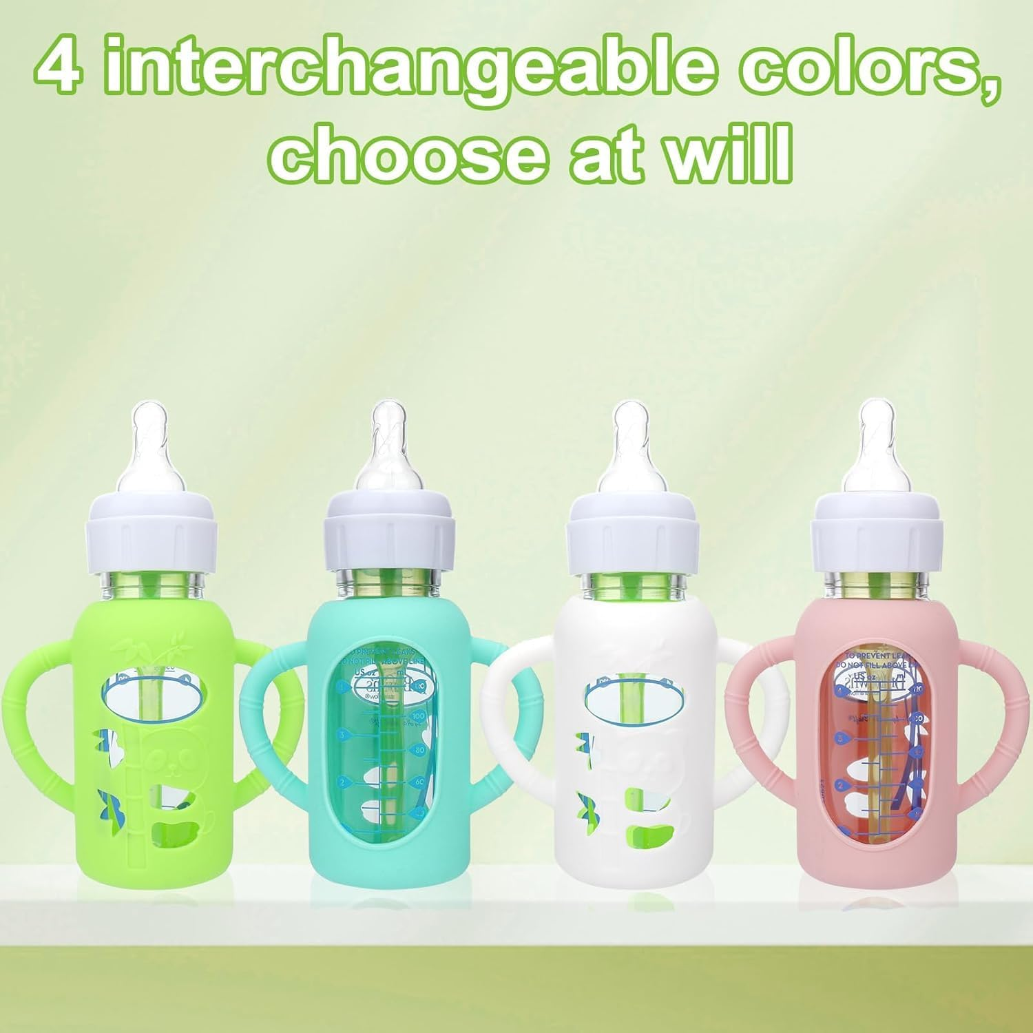 4 Pack Silicone Sleeves for Dr. Brown'S Glass Bottles 4OZ - anti Breakage Baby Bottle Holder, Compatible with Dr. Brown'S Glass Bottles for Babies (4OZ with Handle) image number 4