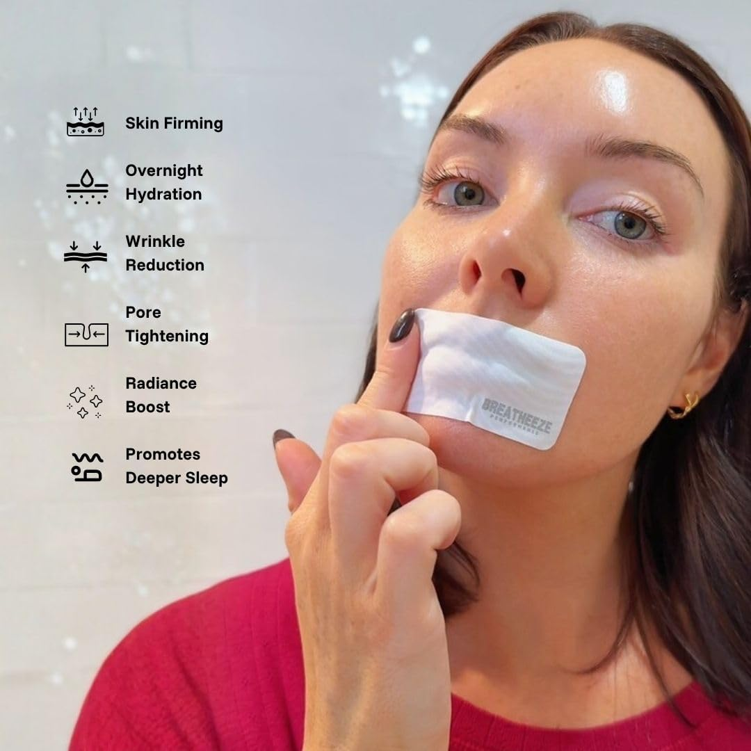 BREATHEEZE Collagen Mouth Tape &ndash; Ultra-Soft, Skin-Safe Sleep Strips Infused with Collagen, Aloe Vera & Vitamins &ndash; Hydrating, Non-Irritating Snore Relief Tape for Deep Sleep & Smooth Skin &ndash; 30 Pack